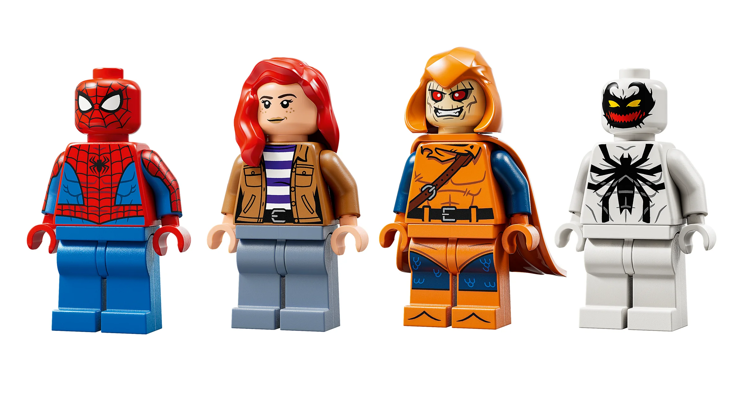 Prezentare detaliată a minifigurinelor Spider-Man, Mary Jane, Hobgoblin și Anti-Venom din setul LEGO 76317.