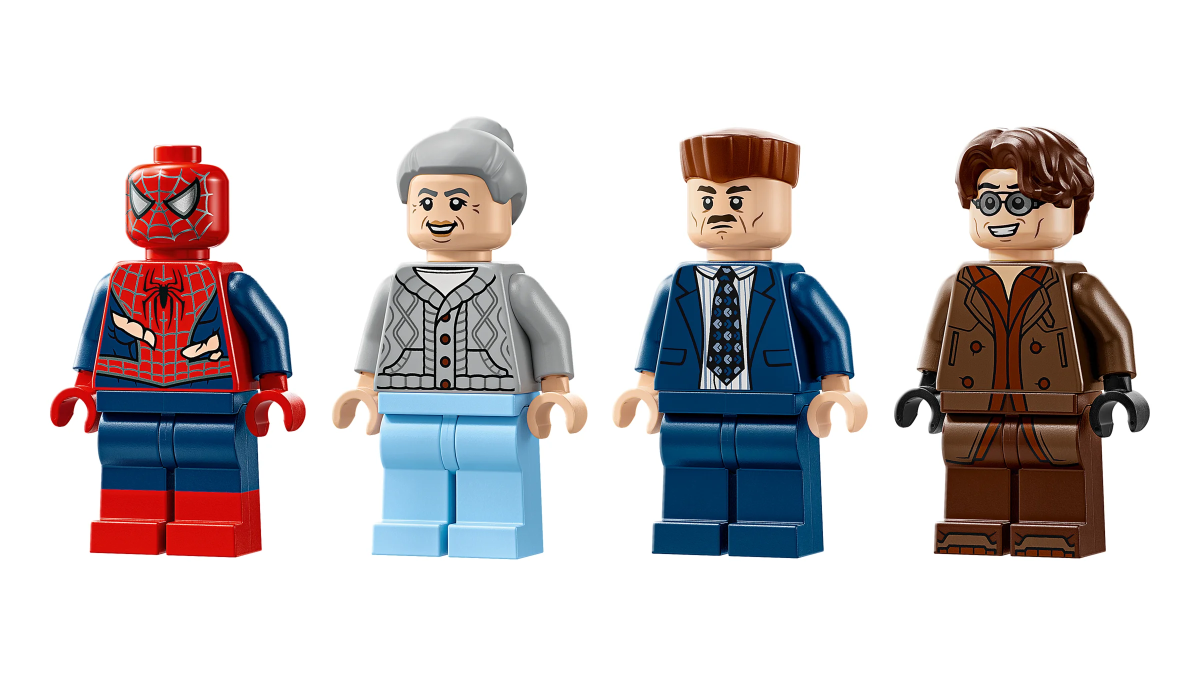 Imagine cu minifigurinele din set: Spider-Man, mătușa May, șeful poliției și Doc Ock.