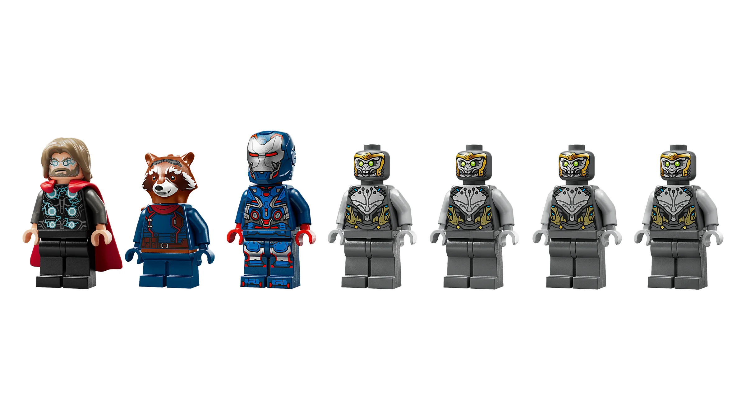 Minifigurinele Thor, Rocket, Iron Patriot și trei Chitauri din setul LEGO 76322.