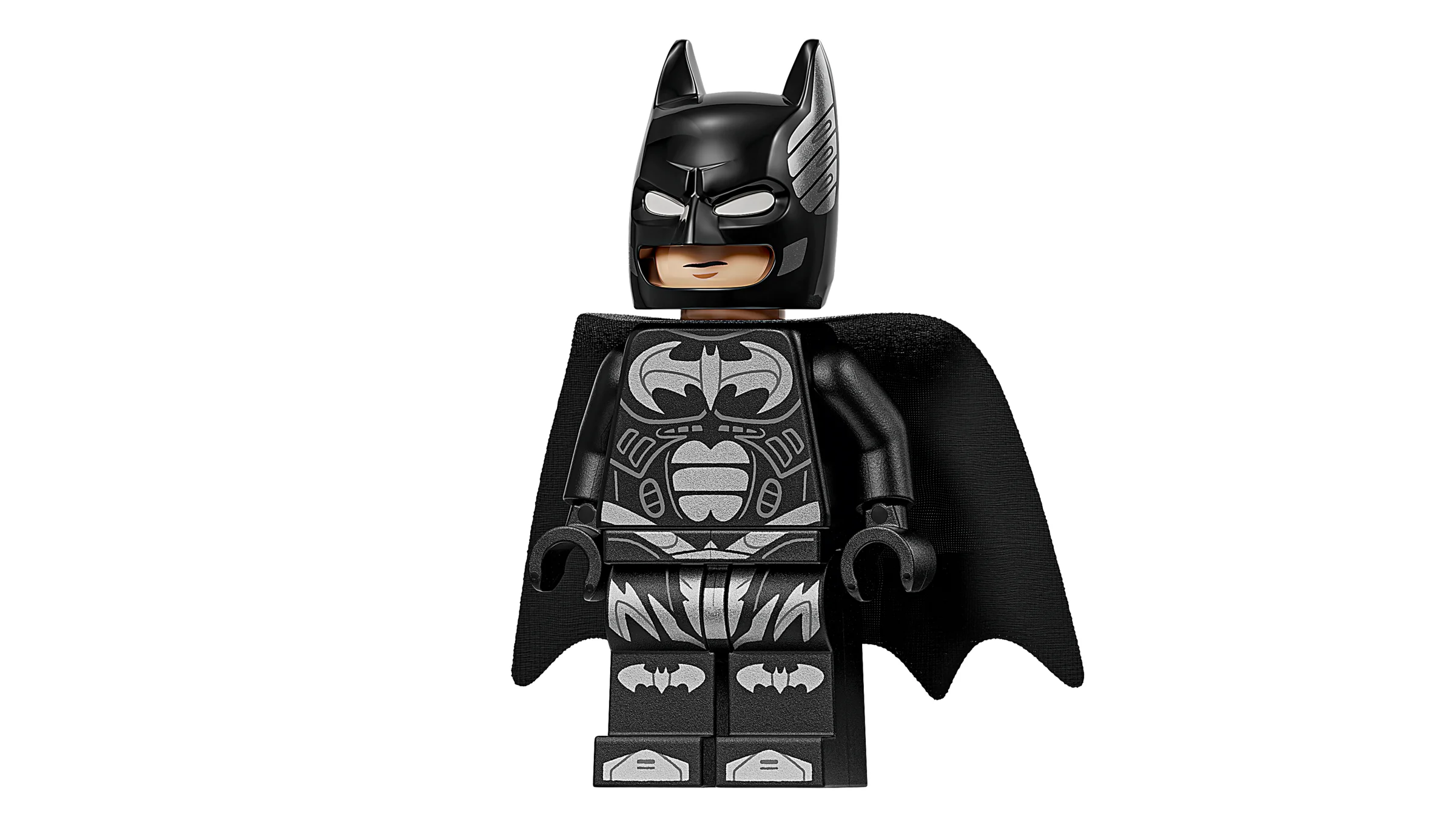 Prim-plan cu minifigurina Batman din setul LEGO, detaliind costumul și masca lui. 