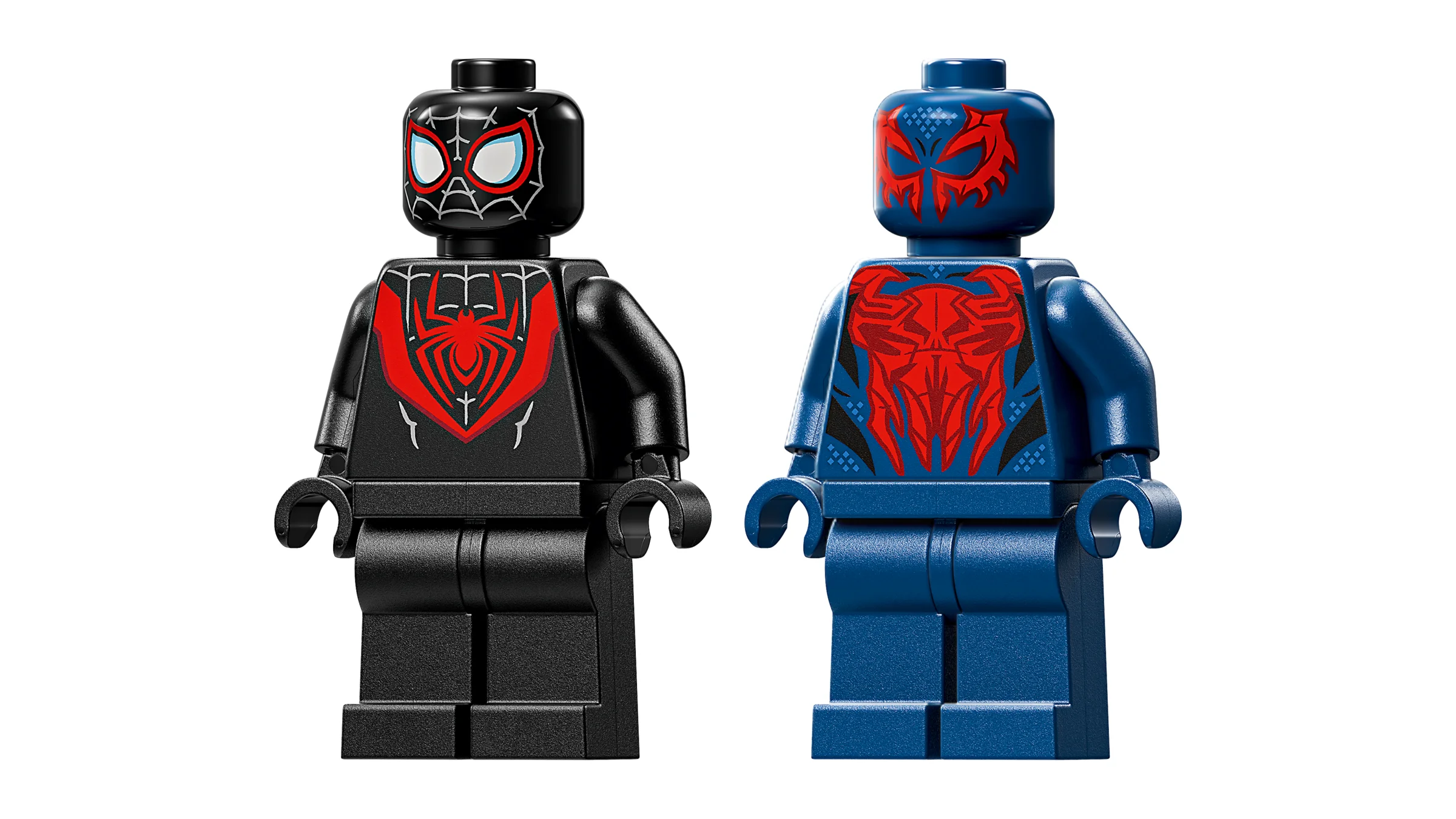 Prim plan cu minifigurinele Miles Morales și Spider-Man 2099 din setul LEGO 76337.
