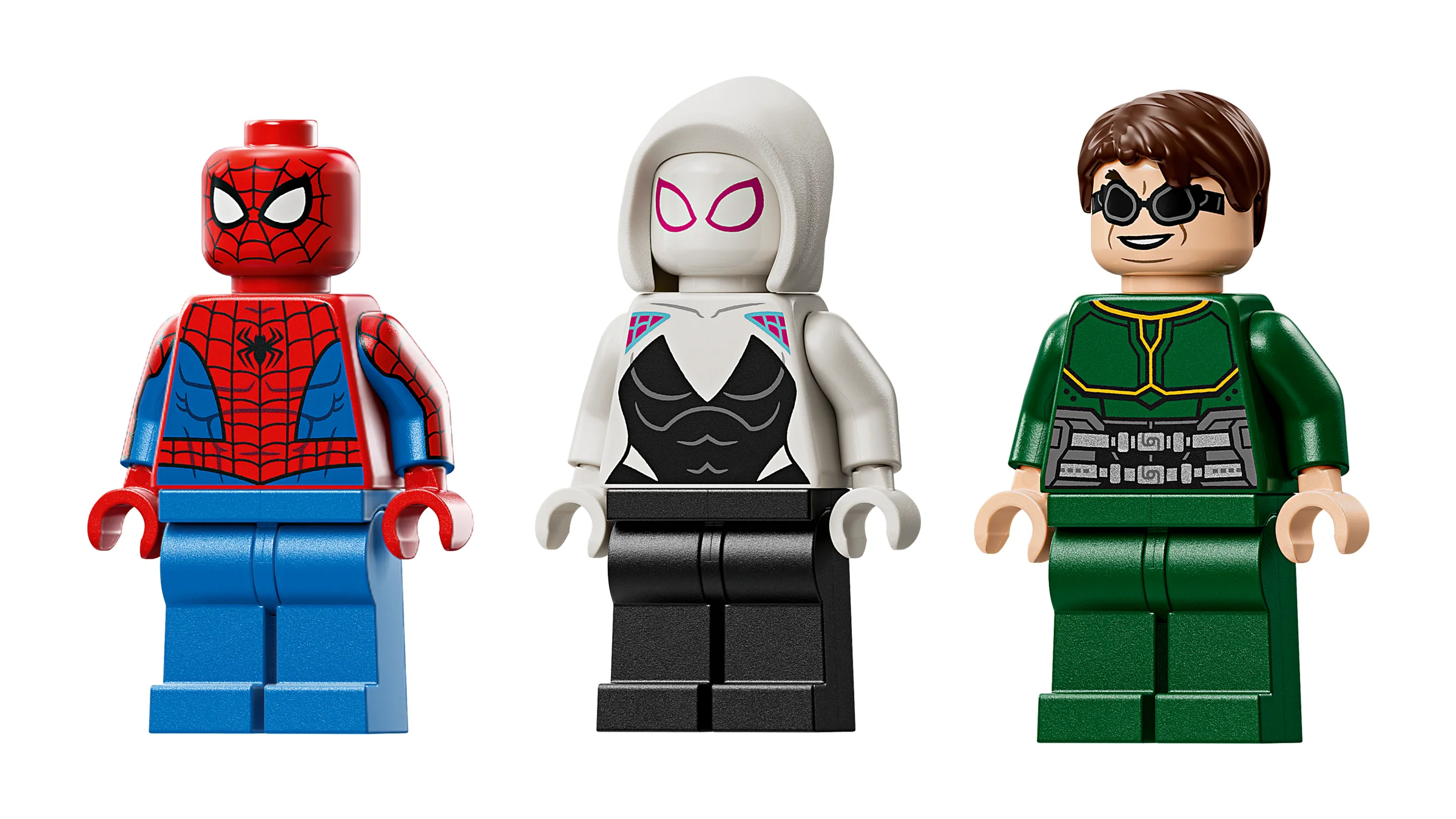 Prim-plan cu minifigurinele Spider-Man, Spider-Gwen și Doctor Octopus.
