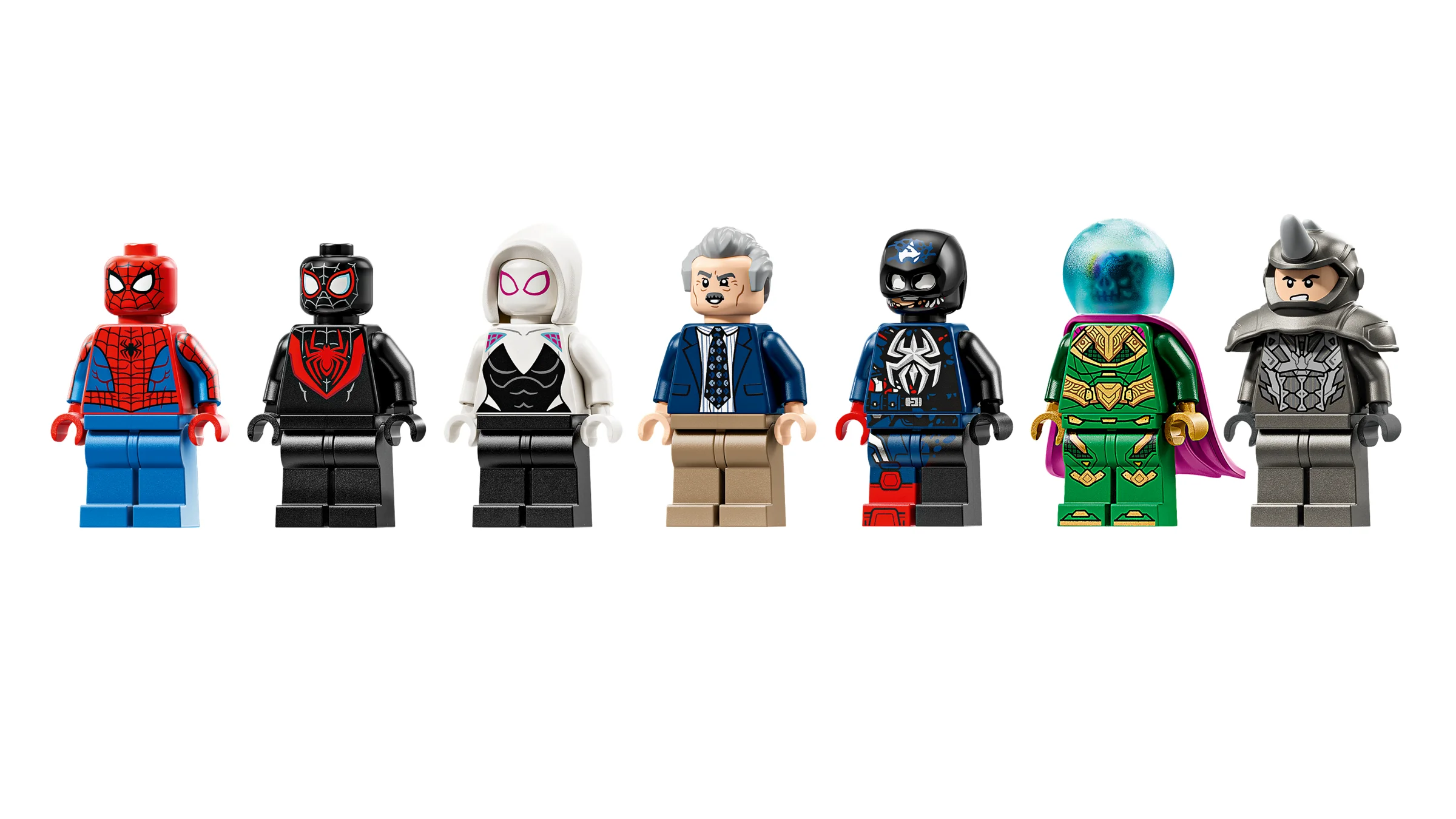 Prezentare minifigurine LEGO Spider-Man vs. Mysterio: Personaje diverse detaliate.