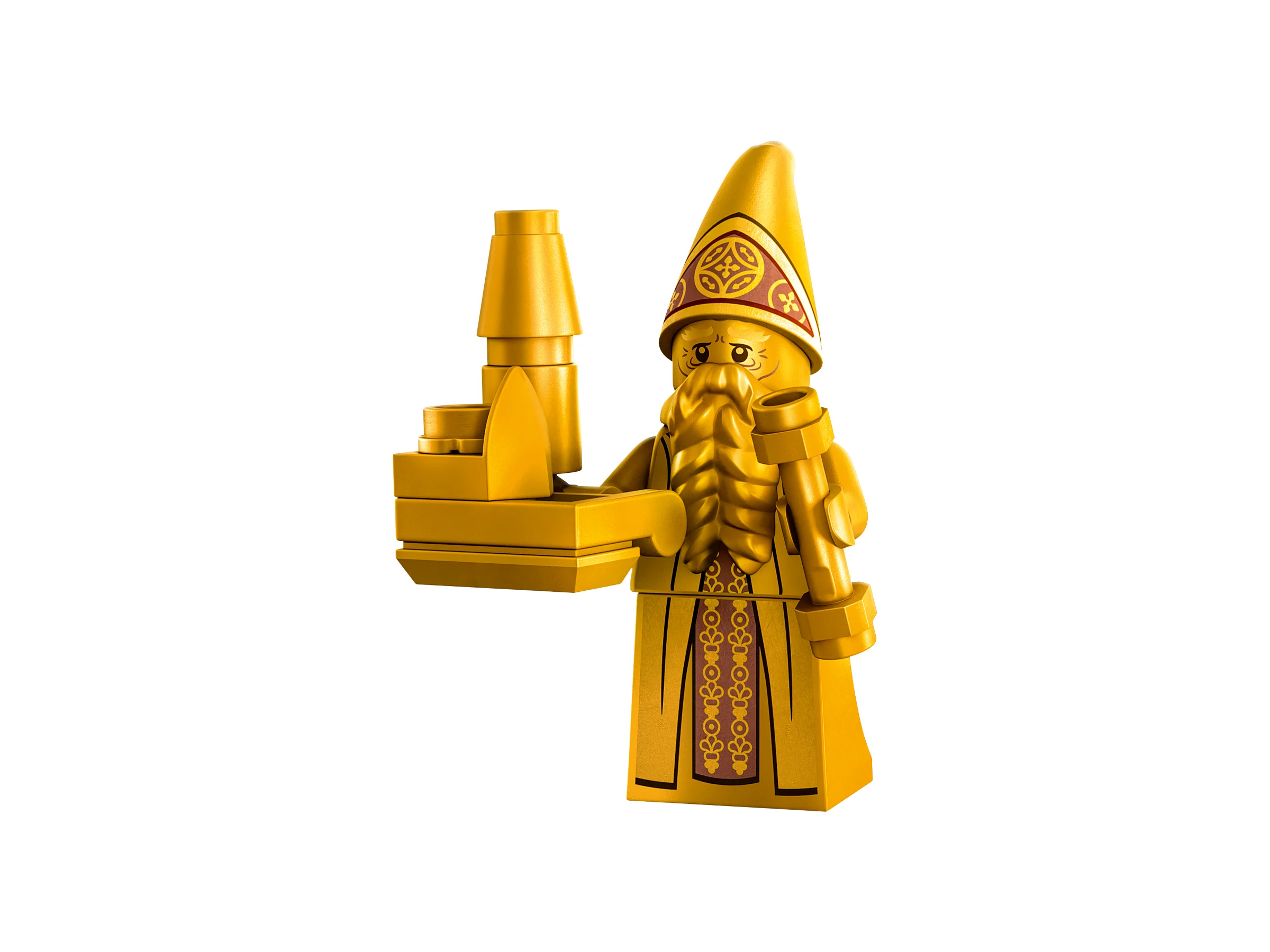 O figurină LEGO aurie a unui arhitect, cu barbă și pălărie conică, ținând o machetă.