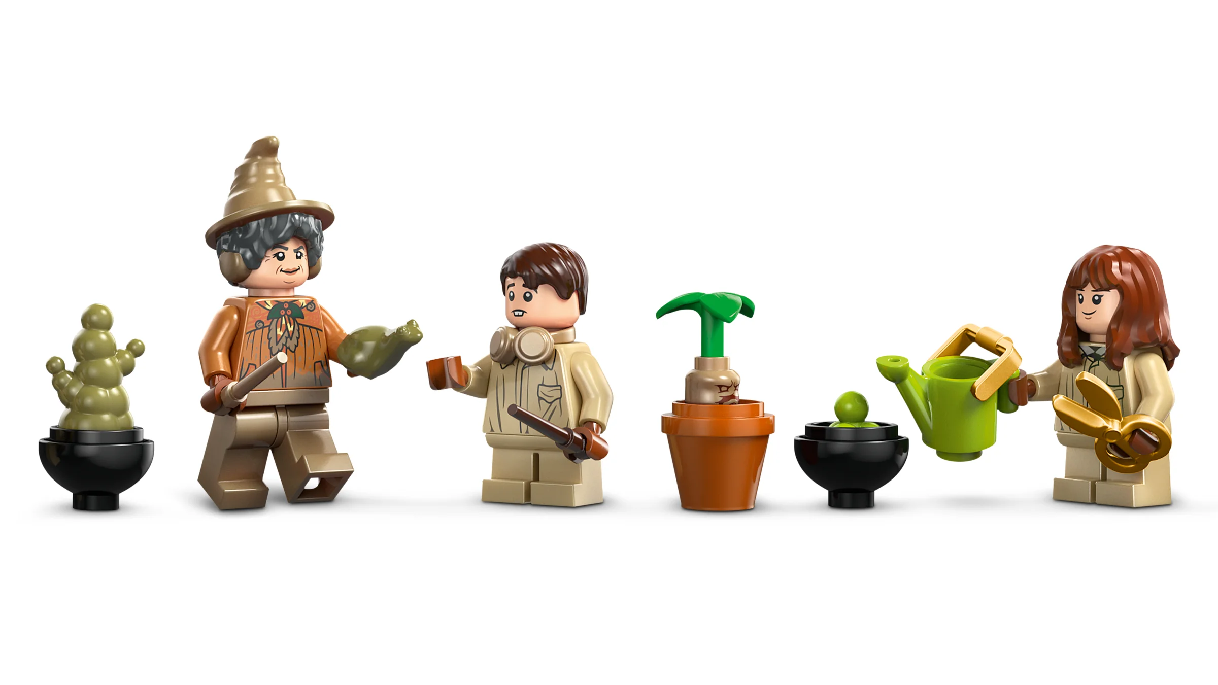 Mini-figurinele LEGO profesoara Sprout, Neville și o studentă, cu plantele clasei de botanică.