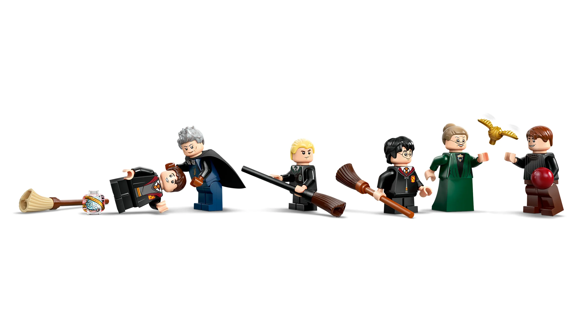 Prezentare minifigurine set 76447, cu Harry, Draco, Madam Hooch, și Neville.