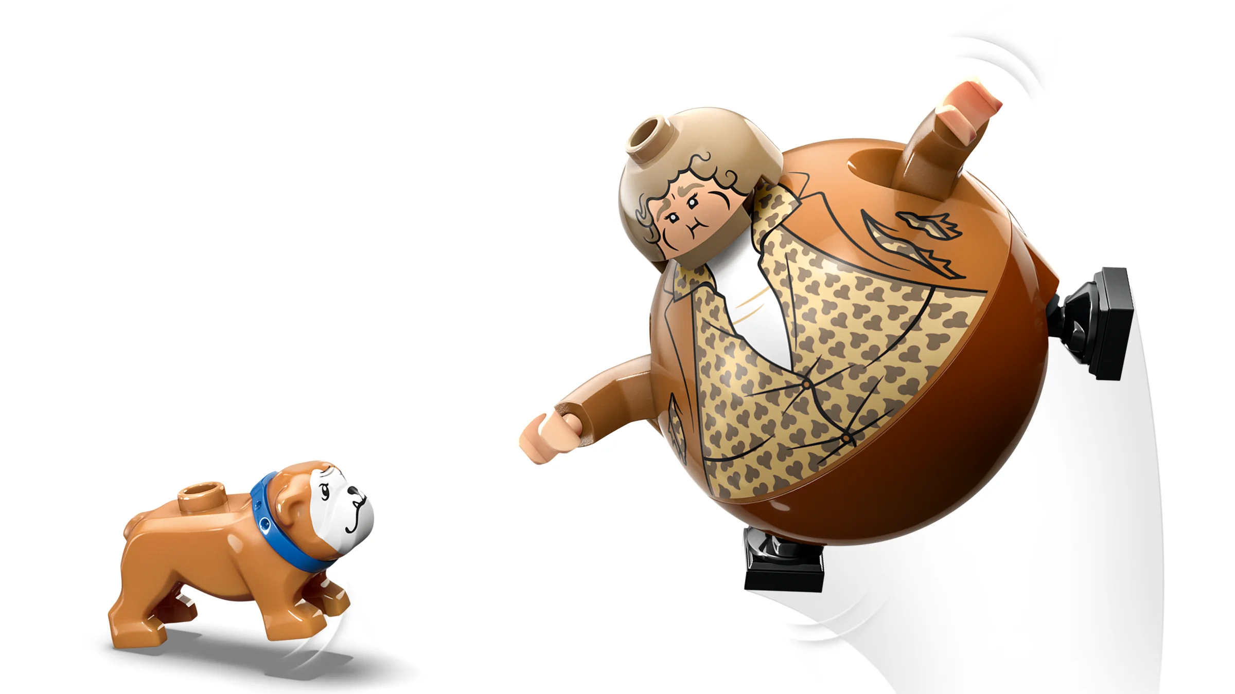 Prim-plan cu Mătușa Marge umflată și cățelul Ripper, ambele sub formă de minifigurine LEGO.
