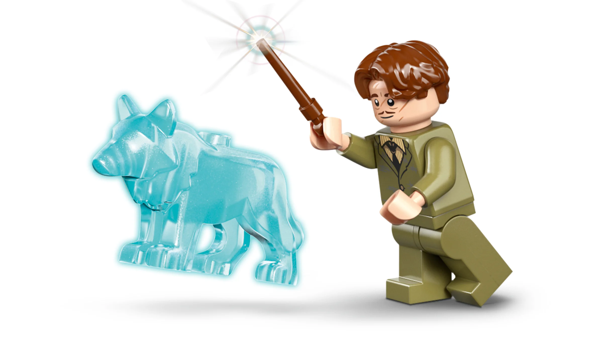 Lup-patronus albastru și minifigurina profesorului Lupin cu baghetă, într-o imagine luminoasă.