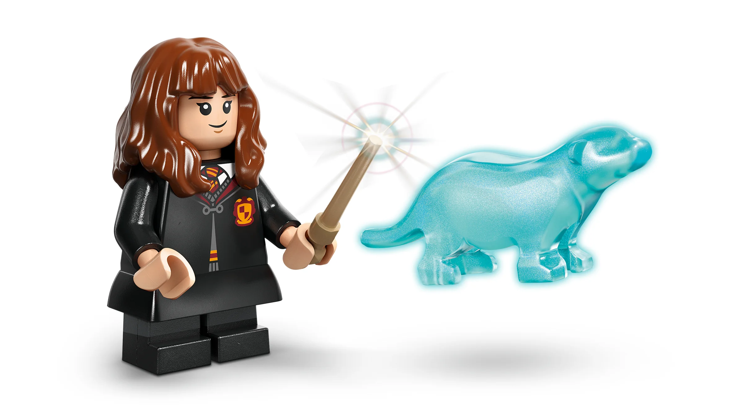 Hermione Granger cu bagheta și Patronusul ei sub formă de vidră, detaliu al setului LEGO 76464.