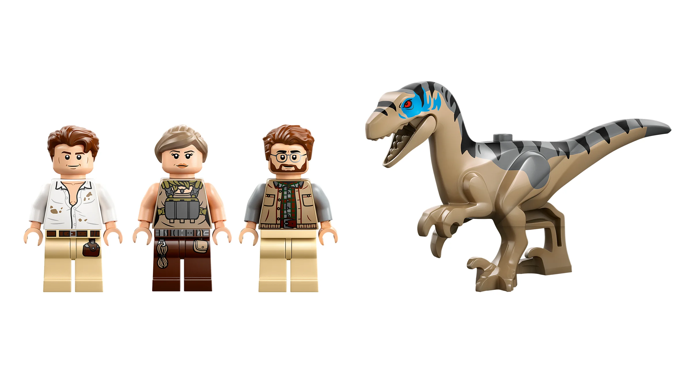 Imagine cu cele trei minifigurine și un raptor din setul LEGO Jurassic World 76973.