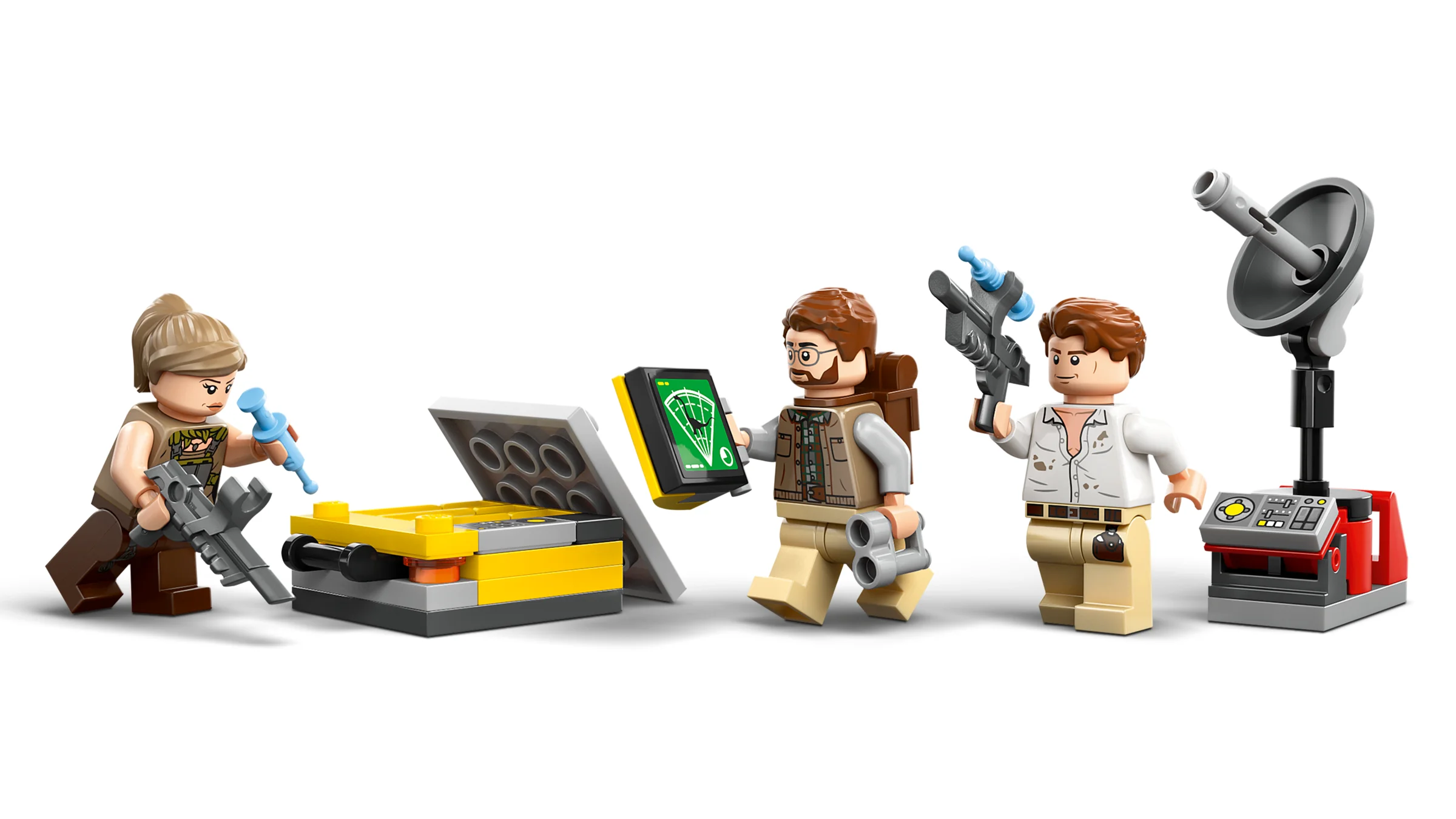 Prezentare cu minifigurinele și aparatura de urmărire a dinozaurilor din setul LEGO Jurassic World.