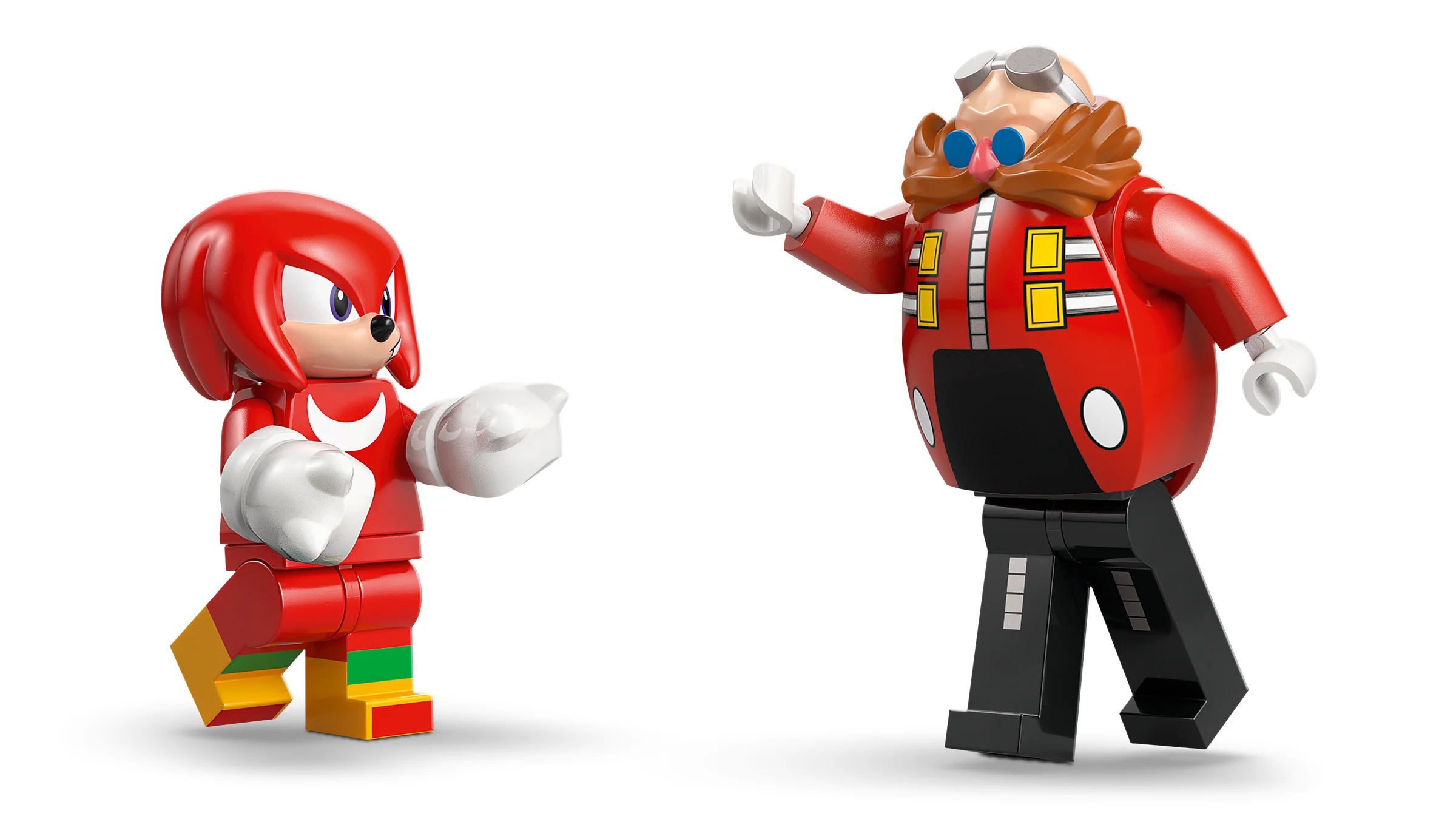 Minifigurinele LEGO Knuckles și Dr. Eggman, în prim-plan. Figurine detaliate.