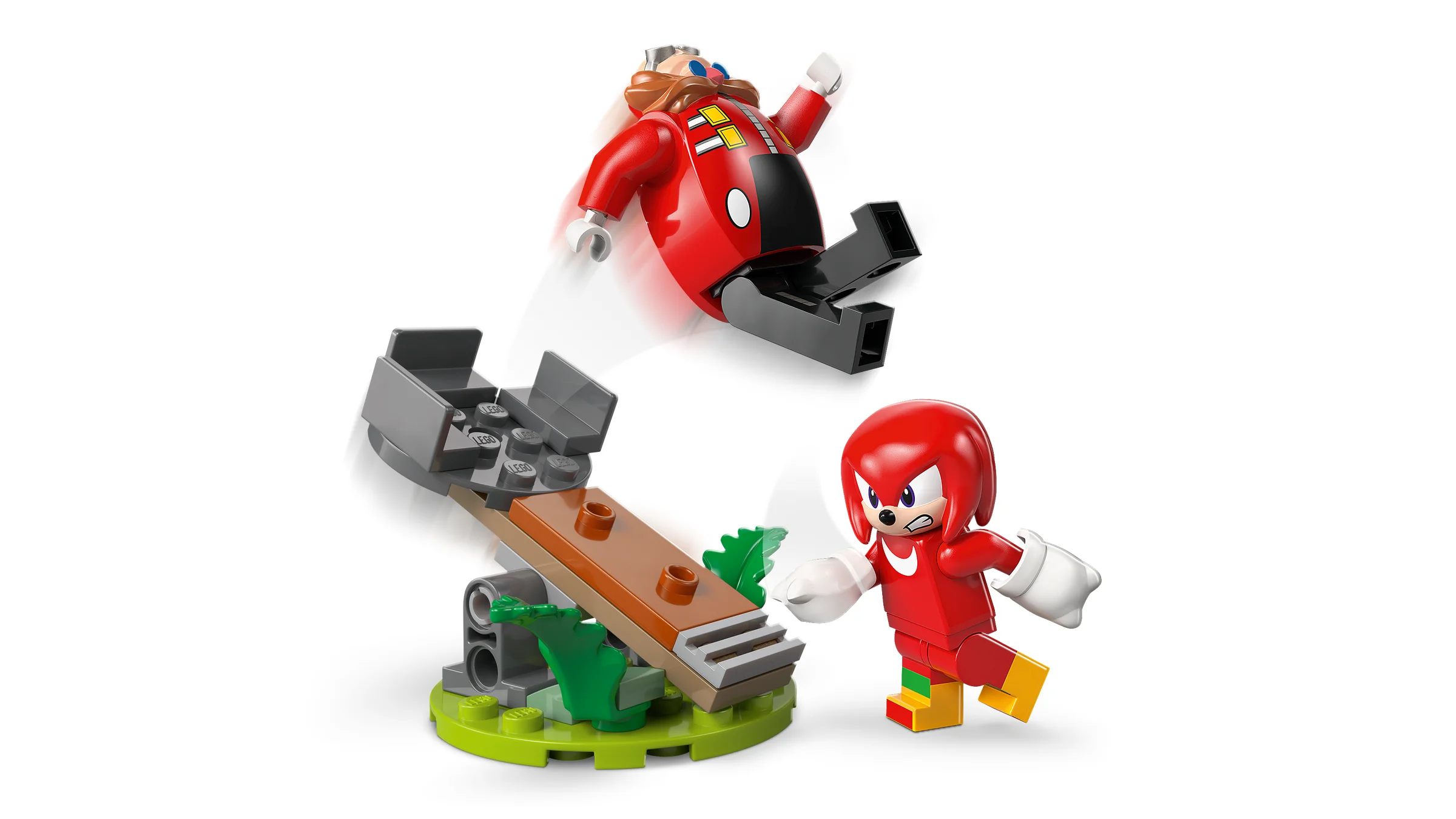 Imagine cu minifigurinele Knuckles și Dr. Eggman și trambulina. Acțiune și aventură!