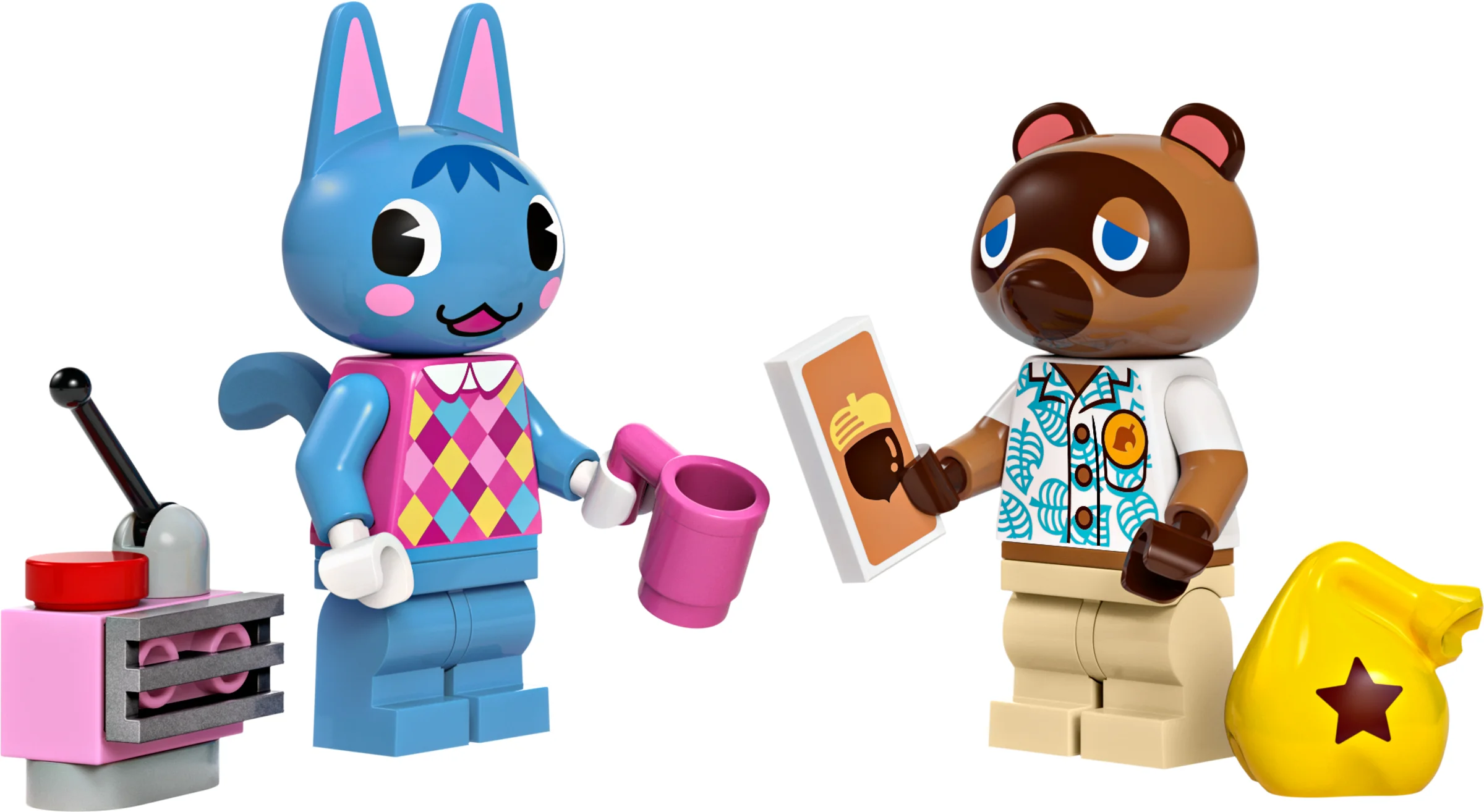 Prim-plan cu minifigurinele Rosie și Tom Nook. Detalii figurine și accesorii.