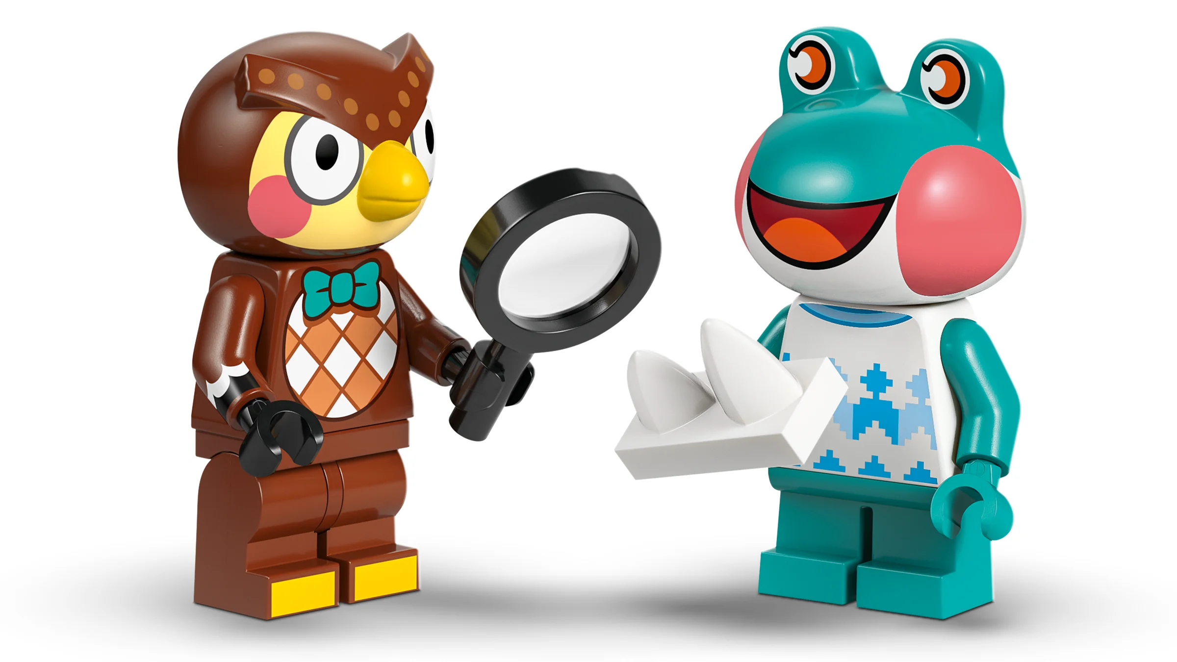 Blathers și o broască LEGO, cu o lupă și o fosilă. Personaje din Animal Crossing.