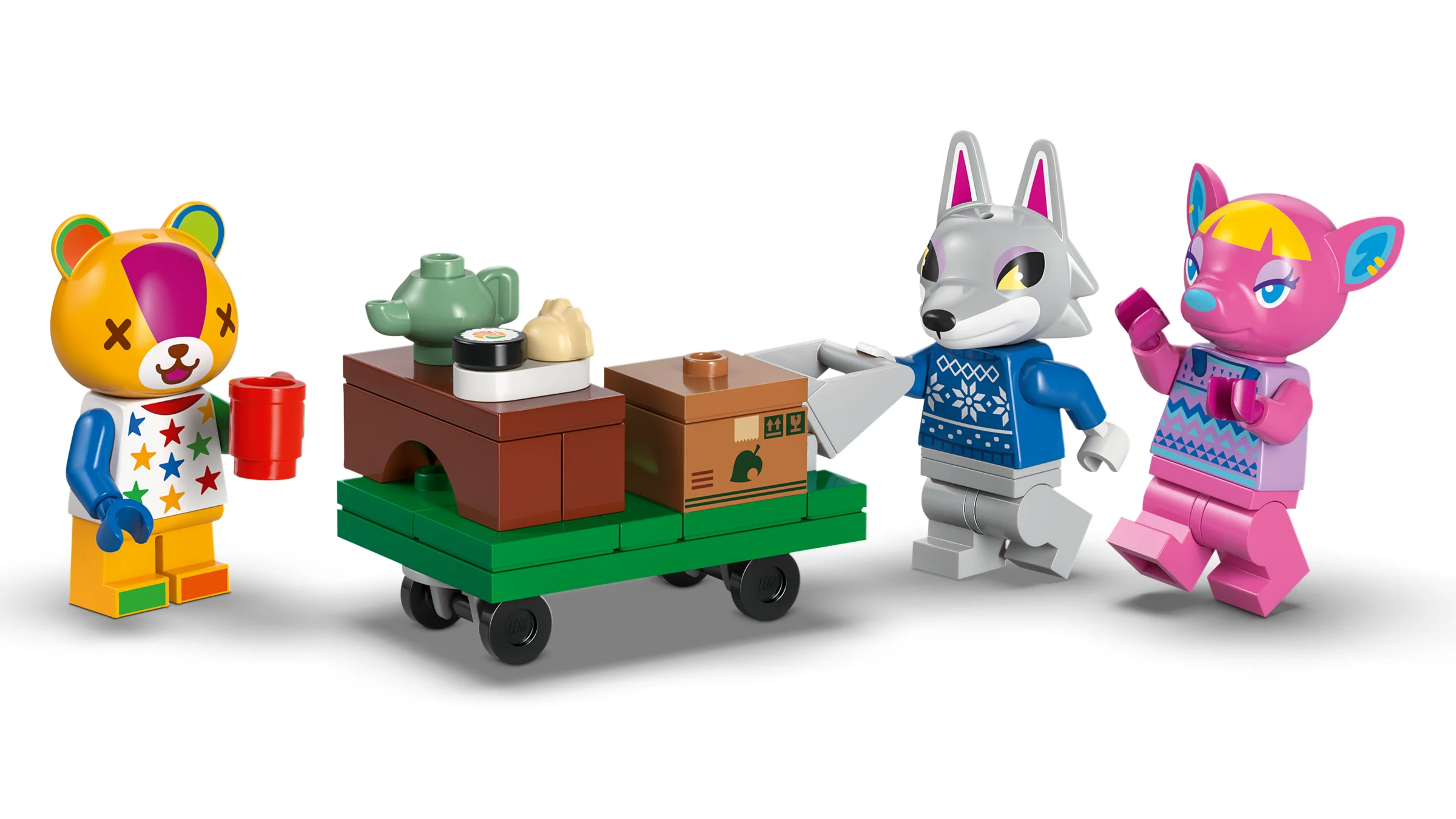 Imagine cu mini-figurinele Animal Crossing, incluzând o căruță cu accesorii.