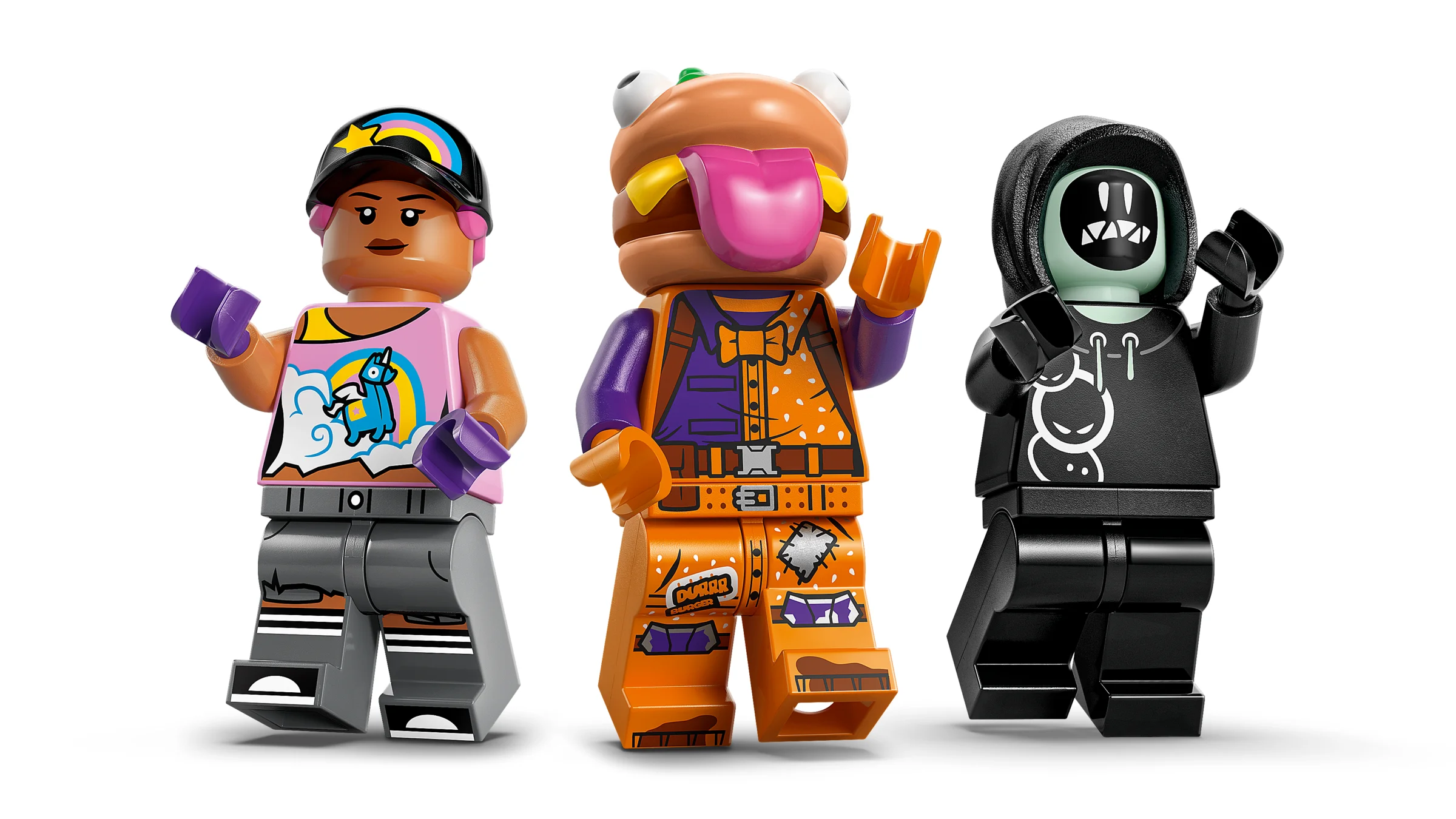 Prezentare detaliată a celor 3 minifigurine LEGO Fortnite din setul Durrr Burger.