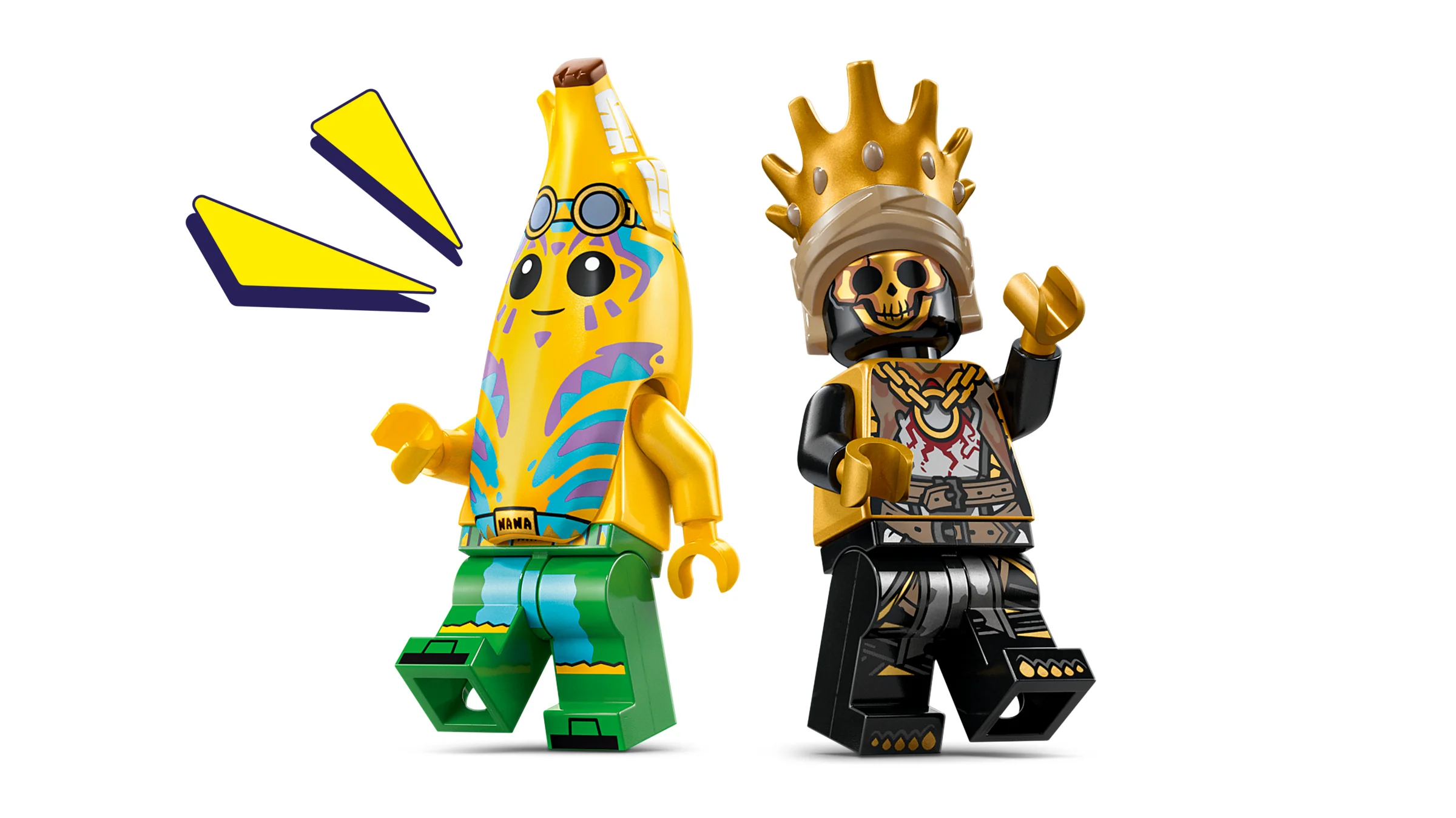 Două minifigurine LEGO Fortnite, Peely și un personaj cu mască de craniu auriu.