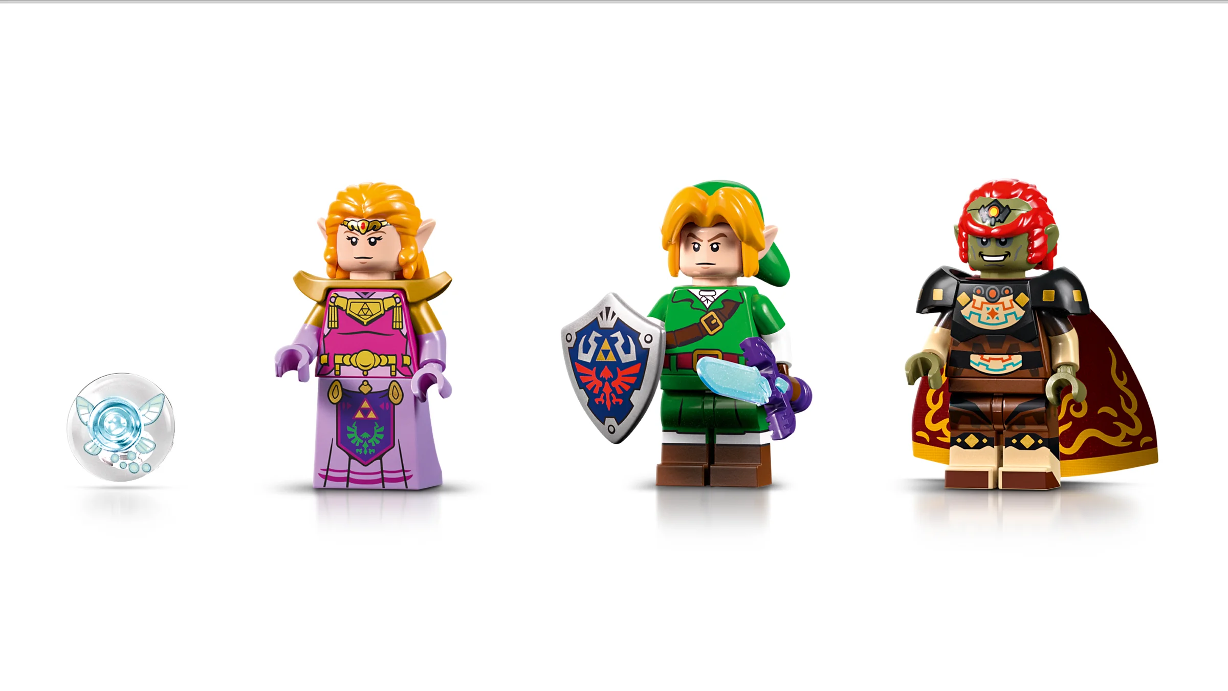 Imagine cu minifigurinele Zelda, Link, Ganondorf și o sferă, din setul LEGO The Final Battle.