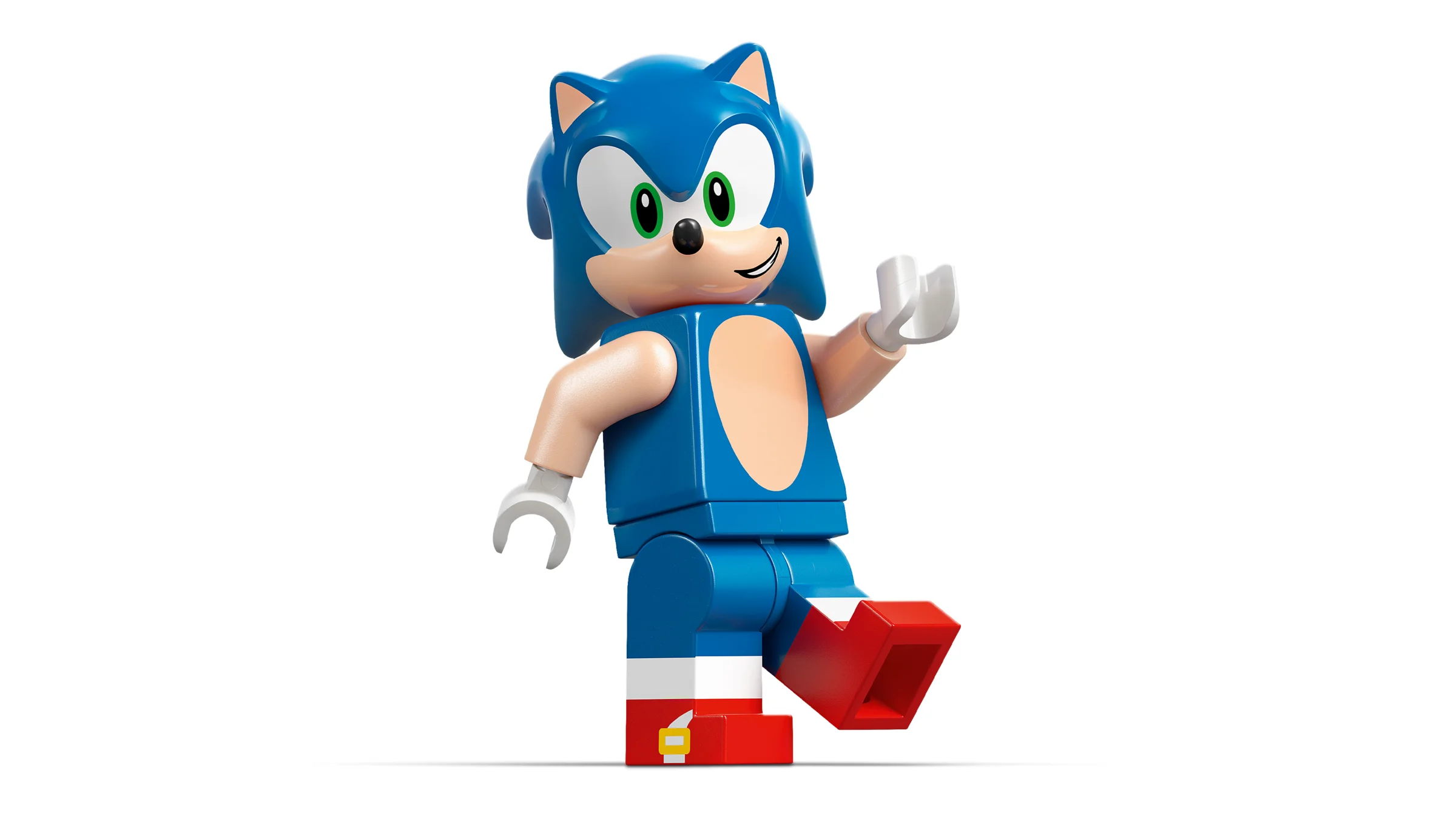 O imagine cu minifigurina LEGO Sonic the Hedgehog, cu o postură dinamică.