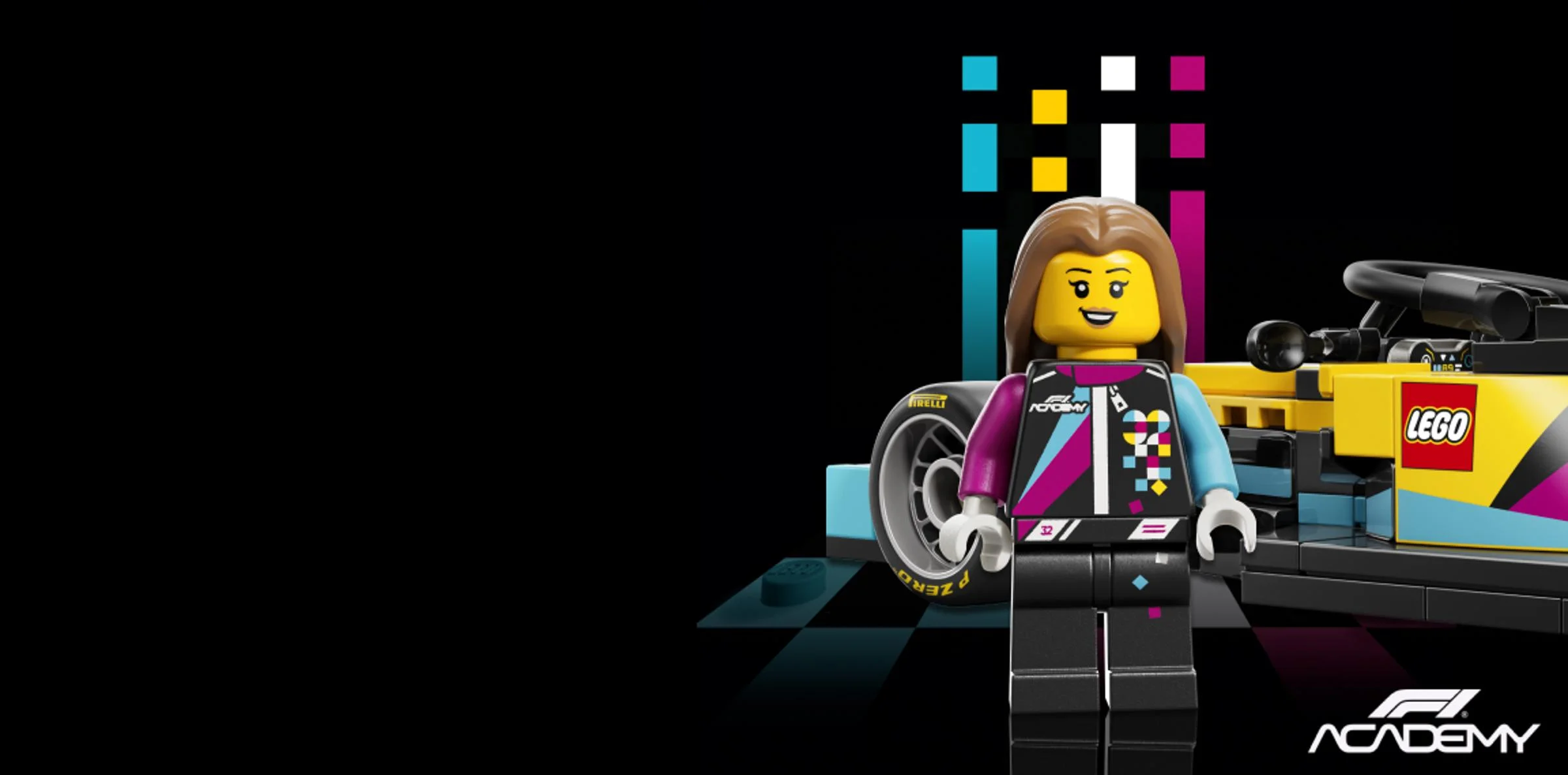 O minifigurină cu mașina de curse F1 Academy, cu design viu colorat și atractiv.