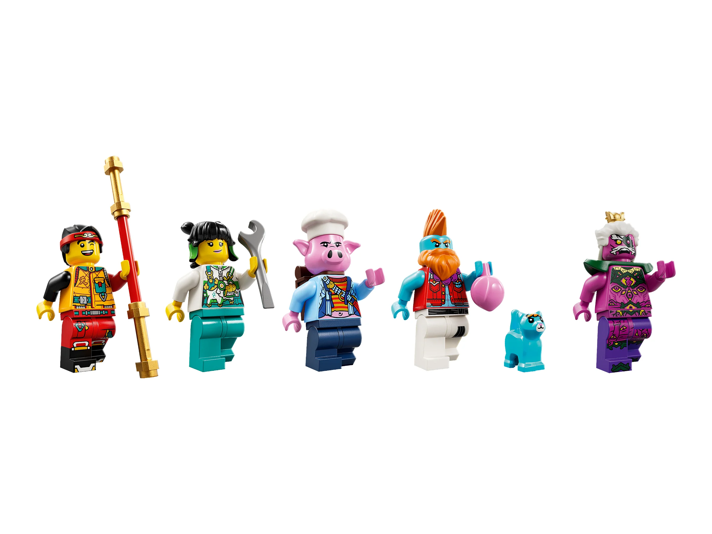 Prezentare a minifigurinelor LEGO din setul 80055, cu detalii despre fiecare personaj.