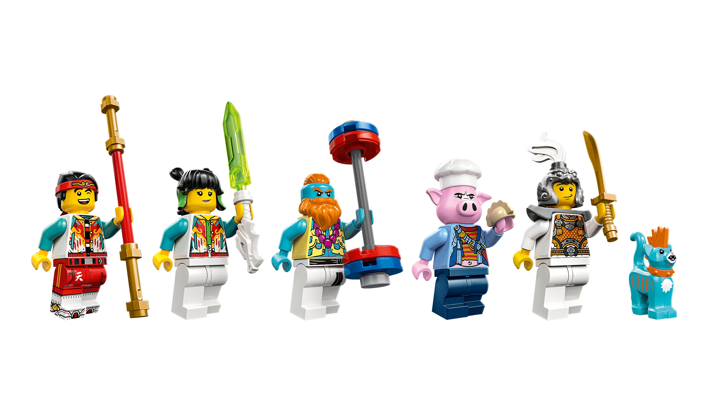 Imagine cu minifigurinele setului LEGO Monkie Kid 80066: Qilin, Mei, Sandy, Pigsy, și Dragon Horse.