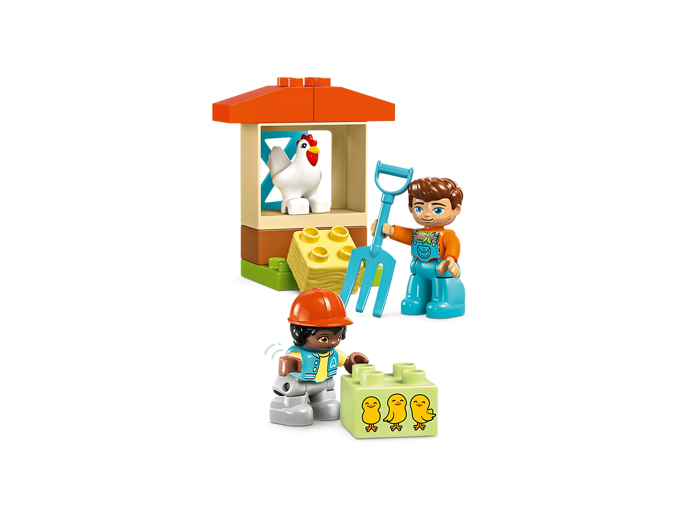 Imagine cu minifigurine Duplo și un coteț cu o găină, parte a setului 10416.