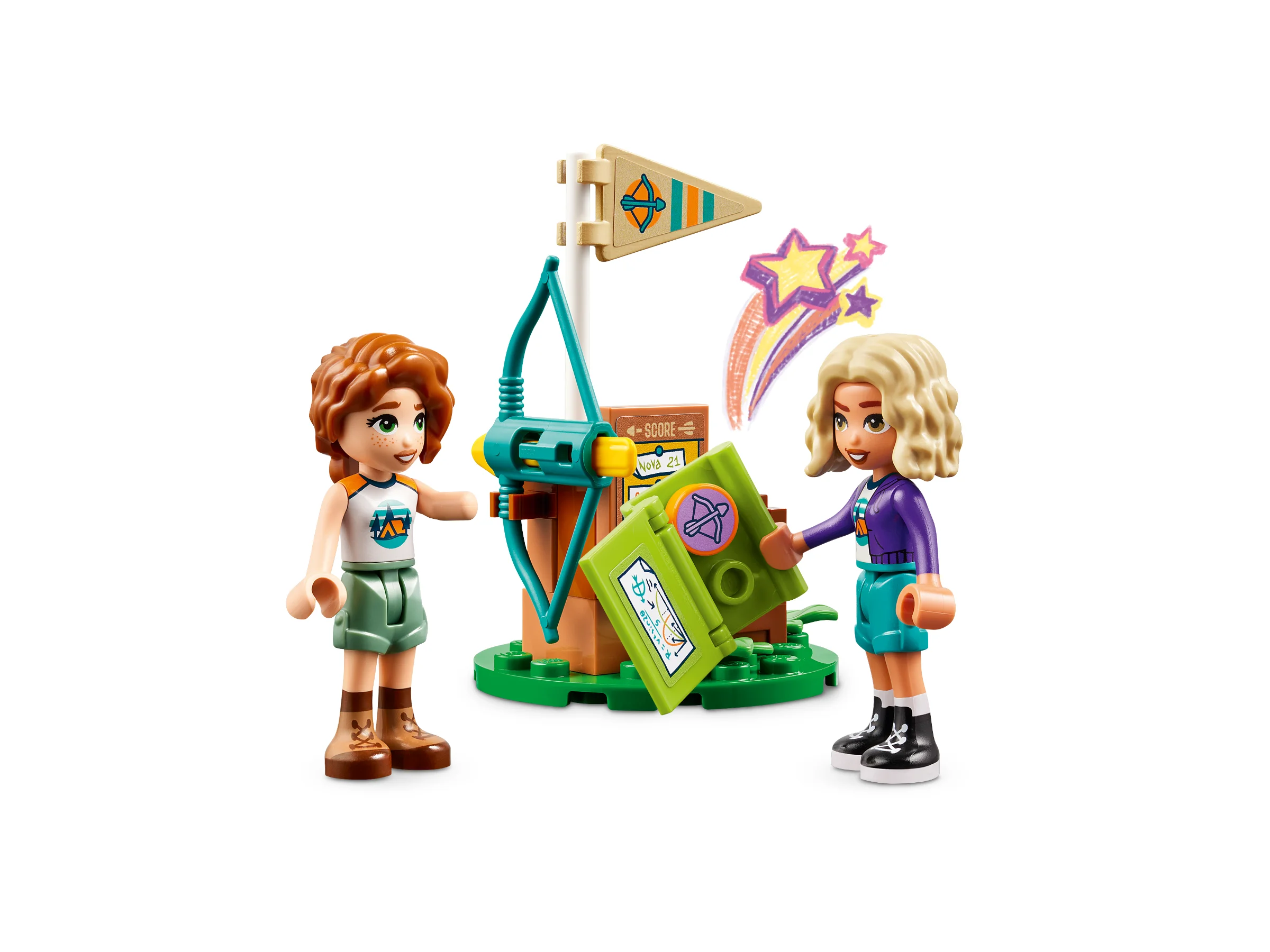 Două minifigurine Friends la poligonul de tir cu arcul. Set LEGO 42622.