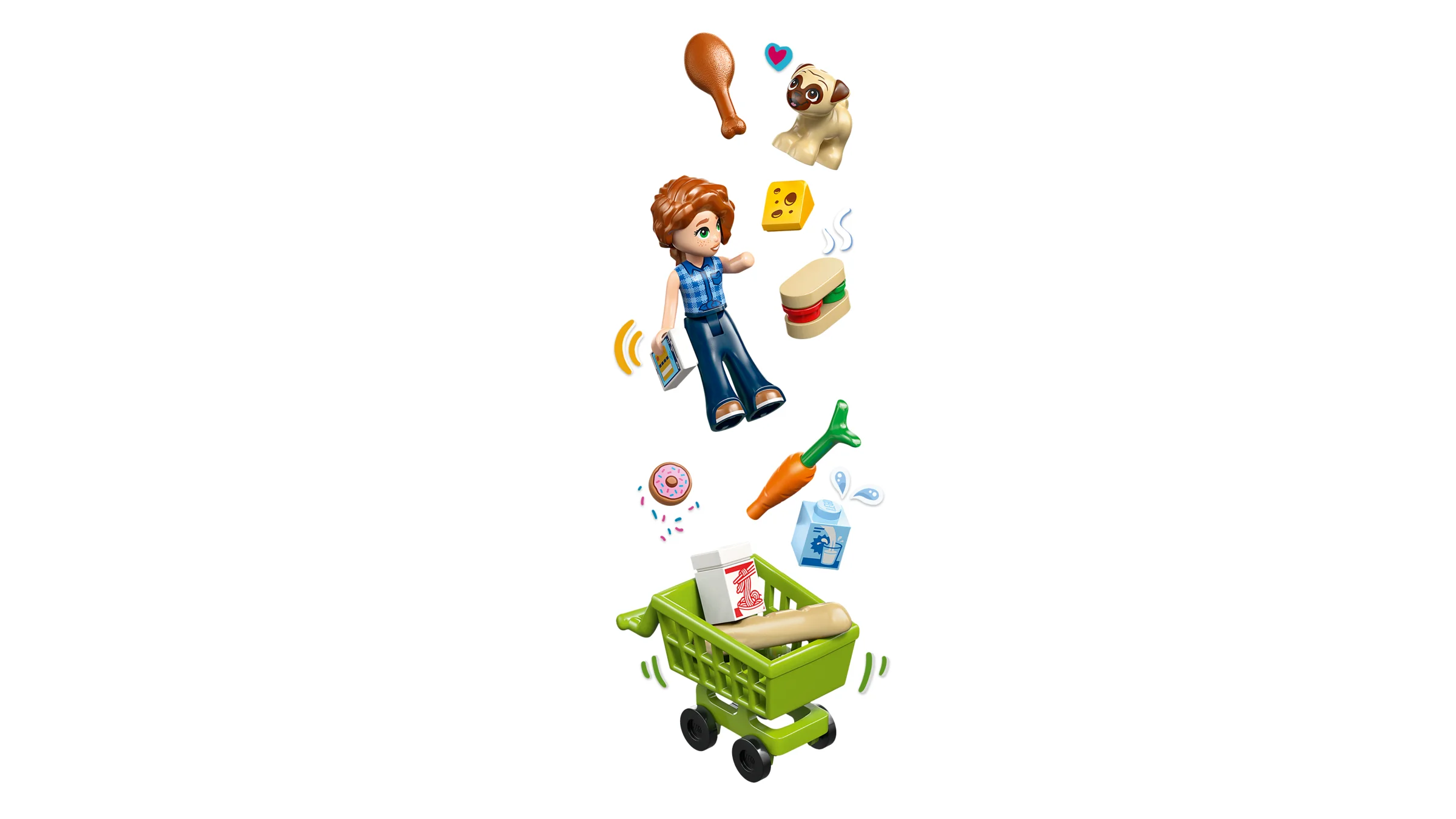 Imagine cu o mini-figurina LEGO Friends și articole de cumpărături, căzând spre un cărucior. Articole diverse.