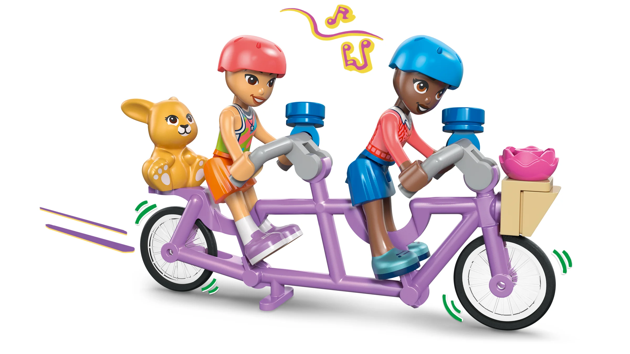 Două minifigurine LEGO Friends pe o bicicletă tandem mov, cu un cățel și o floare.