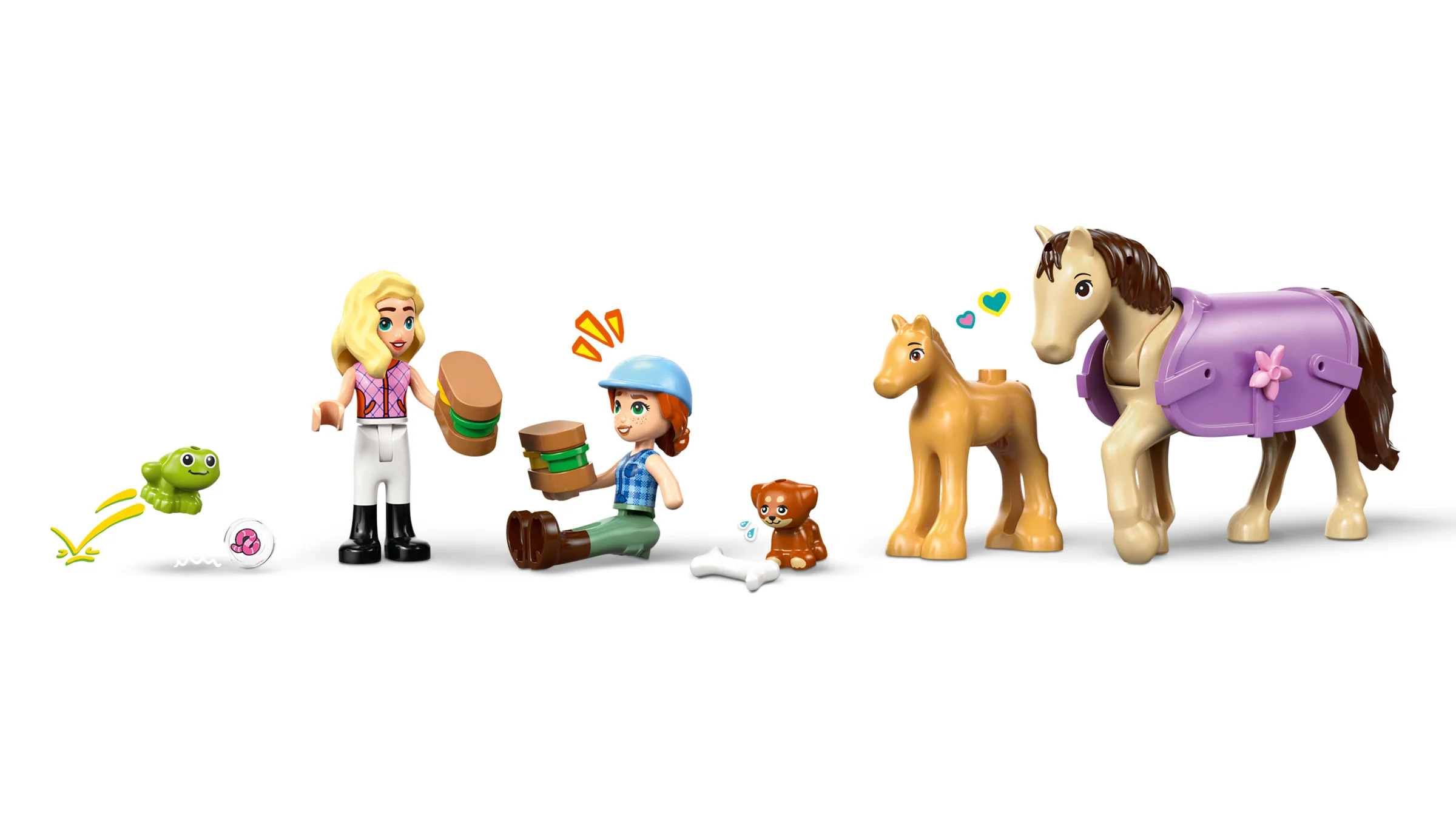 Personaje și animale LEGO Friends, inclusiv căluț, cățel, broască, și două fete.