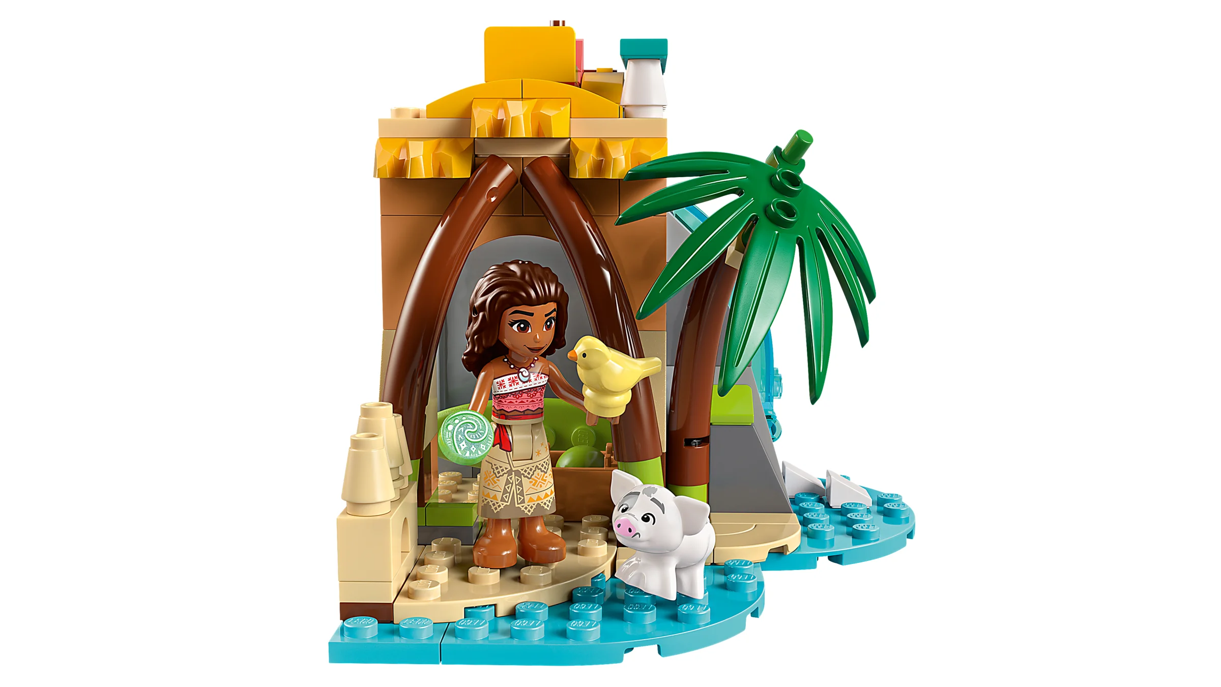 Moana cu pasărea și purcelușul Pua lângă cabana de pe insulă. O scenă drăguță din setul LEGO Disney.