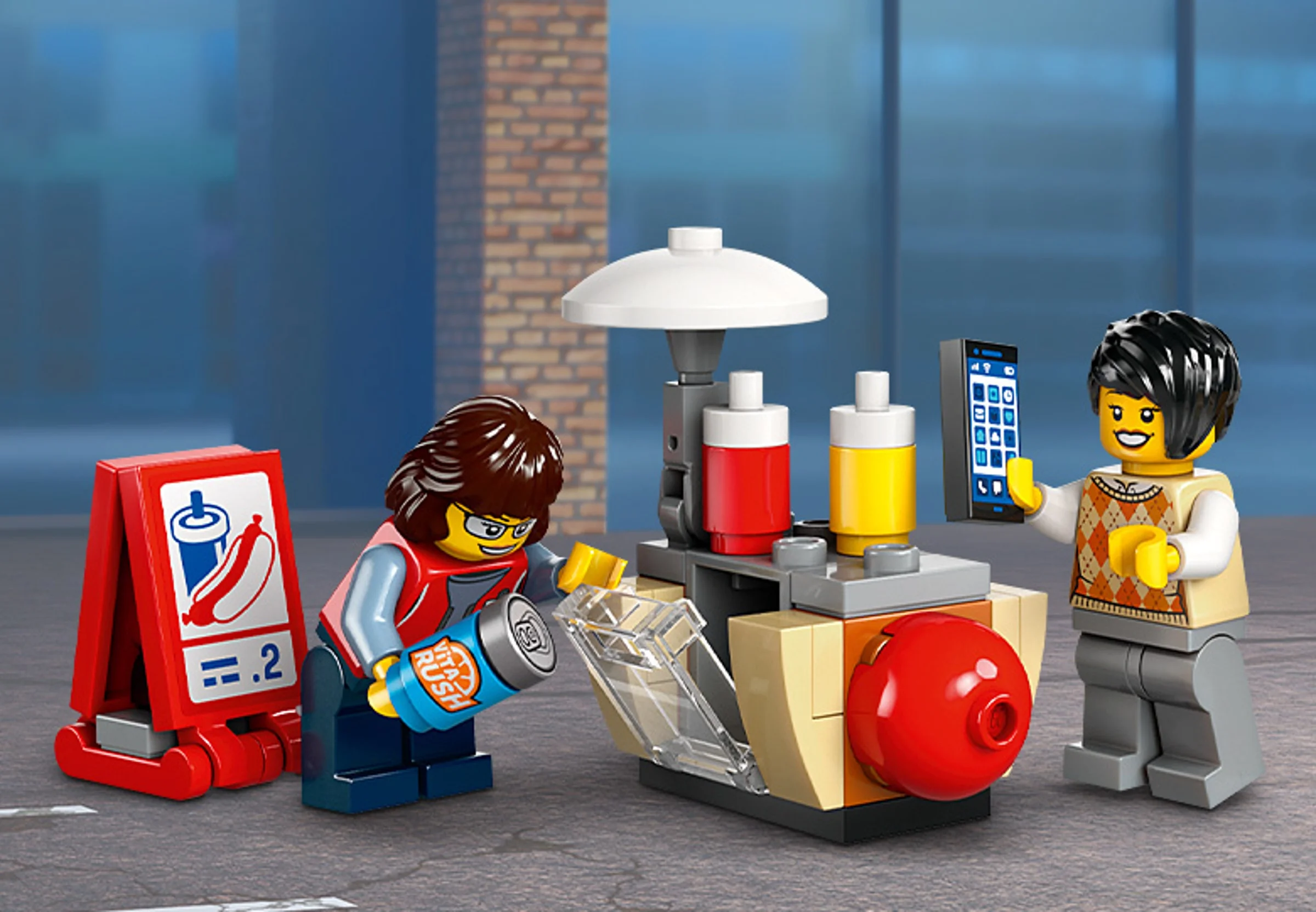 Stand de hotdog LEGO cu minifigurine, băuturi și un indicator de preț. Scene detaliată.