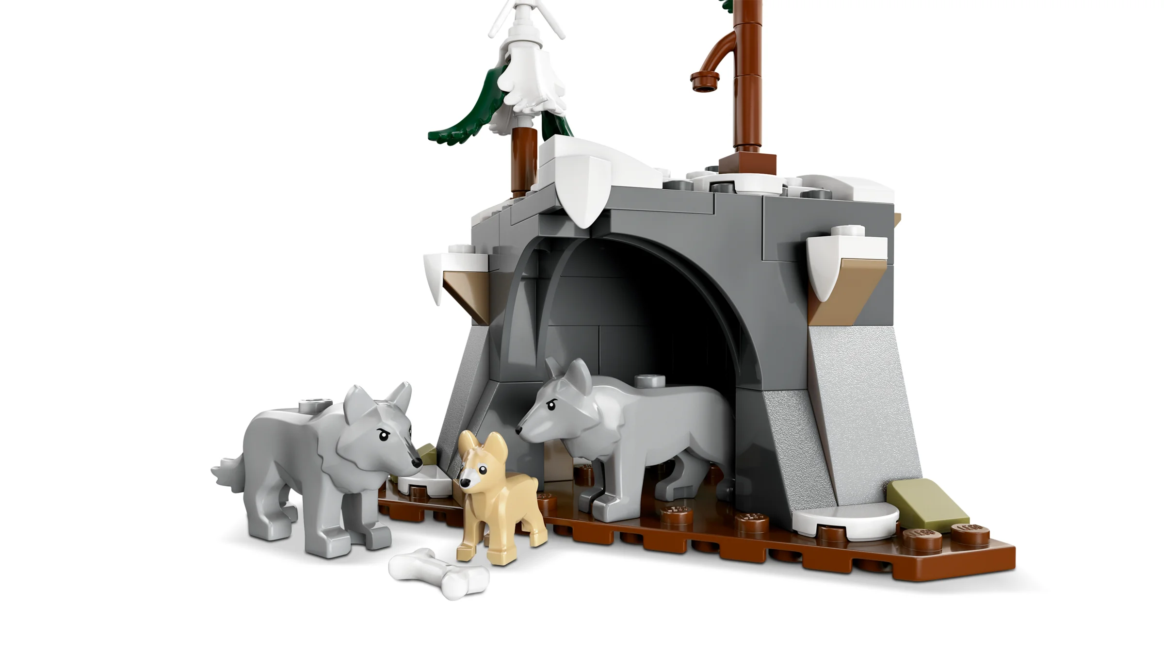 Scenă cu o peșteră arctică și lupi construiți din LEGO. Detaliu frumos.
