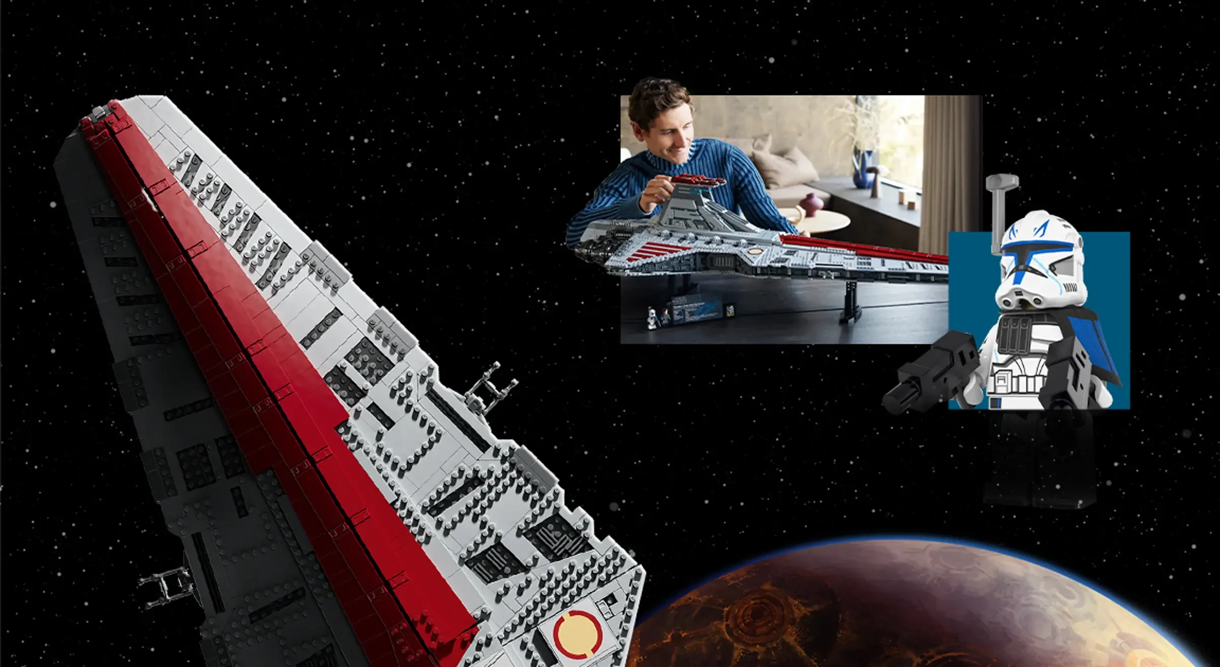 Imagine cu modelul LEGO Venator și minifigurina Căpitan Rex, într-un decor spațial.