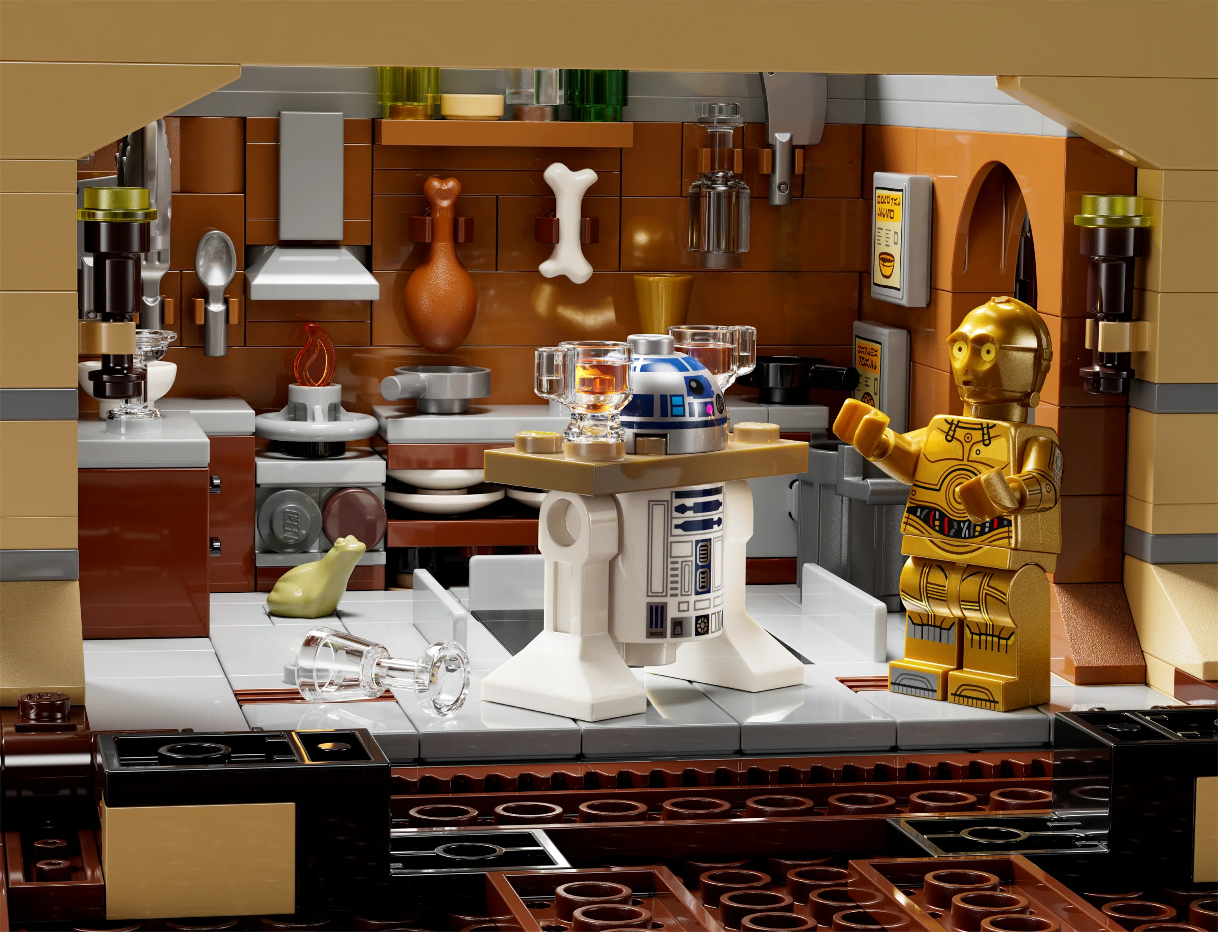 Scenă detaliată cu barul Jabba's Sail Barge, include R2-D2, C-3PO și diverse accesorii de bucătărie.