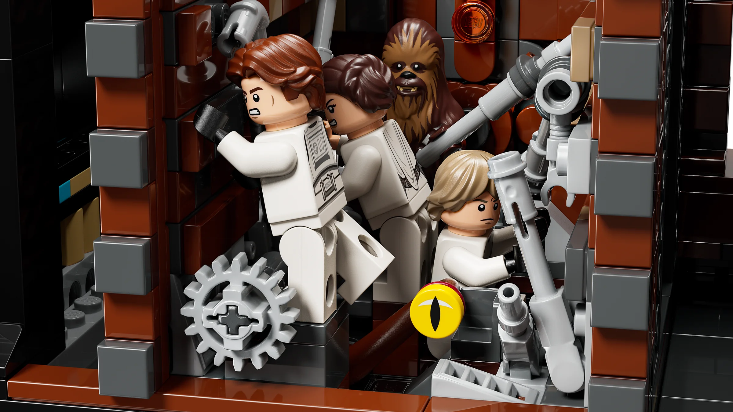 O scenă detaliată cu minifigurinele LEGO Star Wars într-o zonă a Stelei Morții.