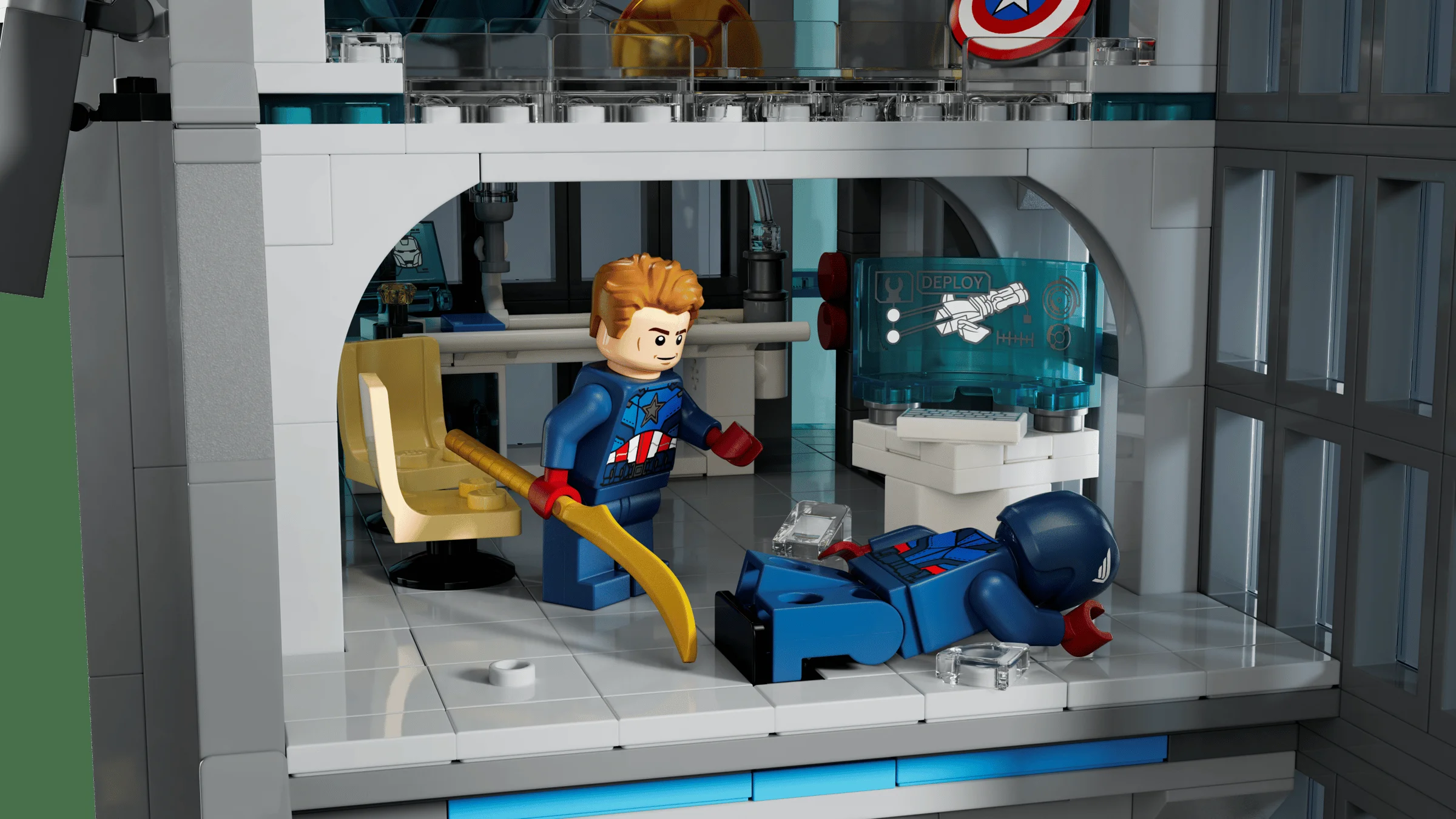 O scenă din Turnul Răzbunătorilor LEGO cu Captain America rănit și salvat.