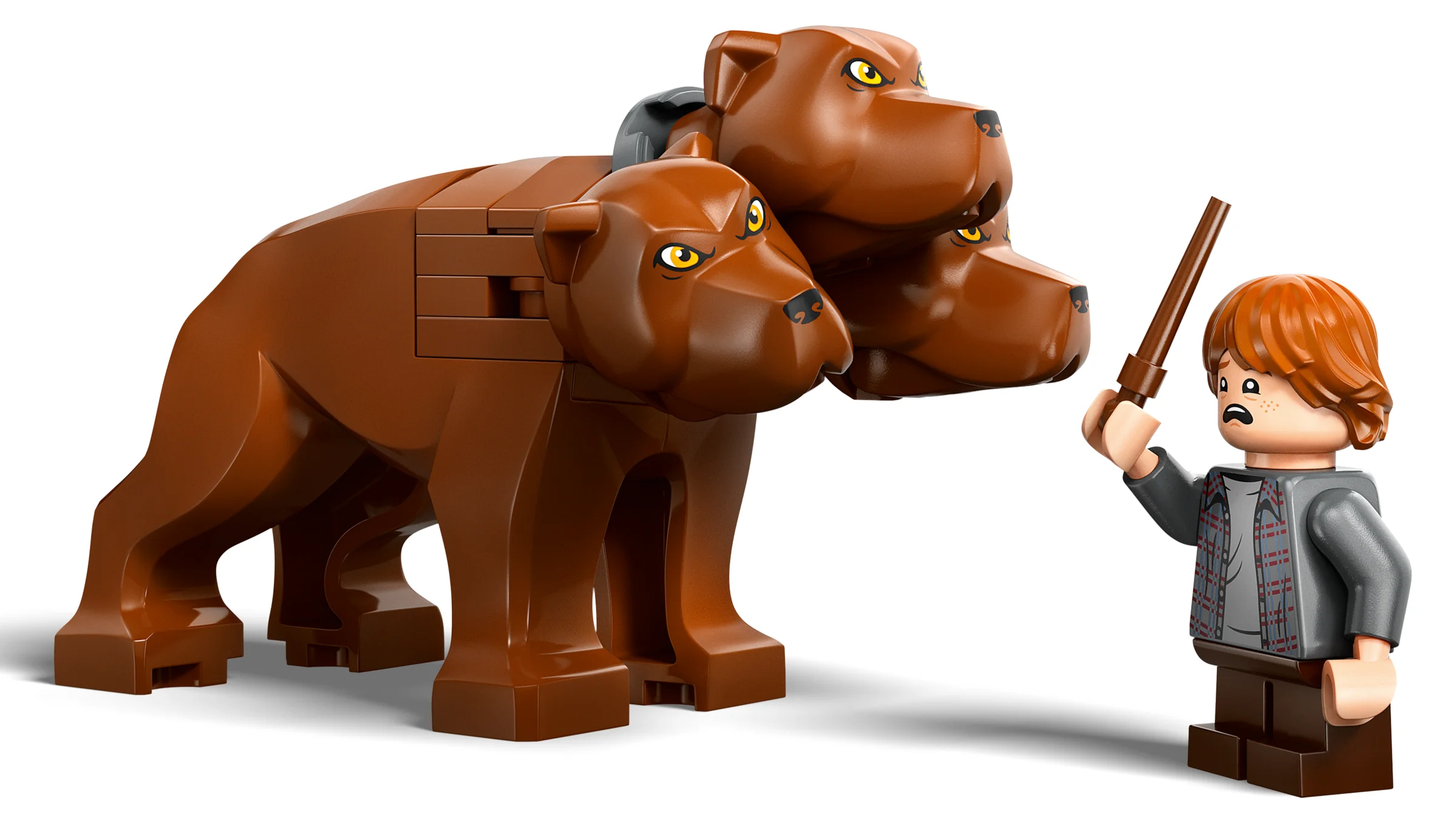 Ron Weasley și Cerberus Fluffy din setul LEGO 76454. O scenă din Harry Potter, detaliată.