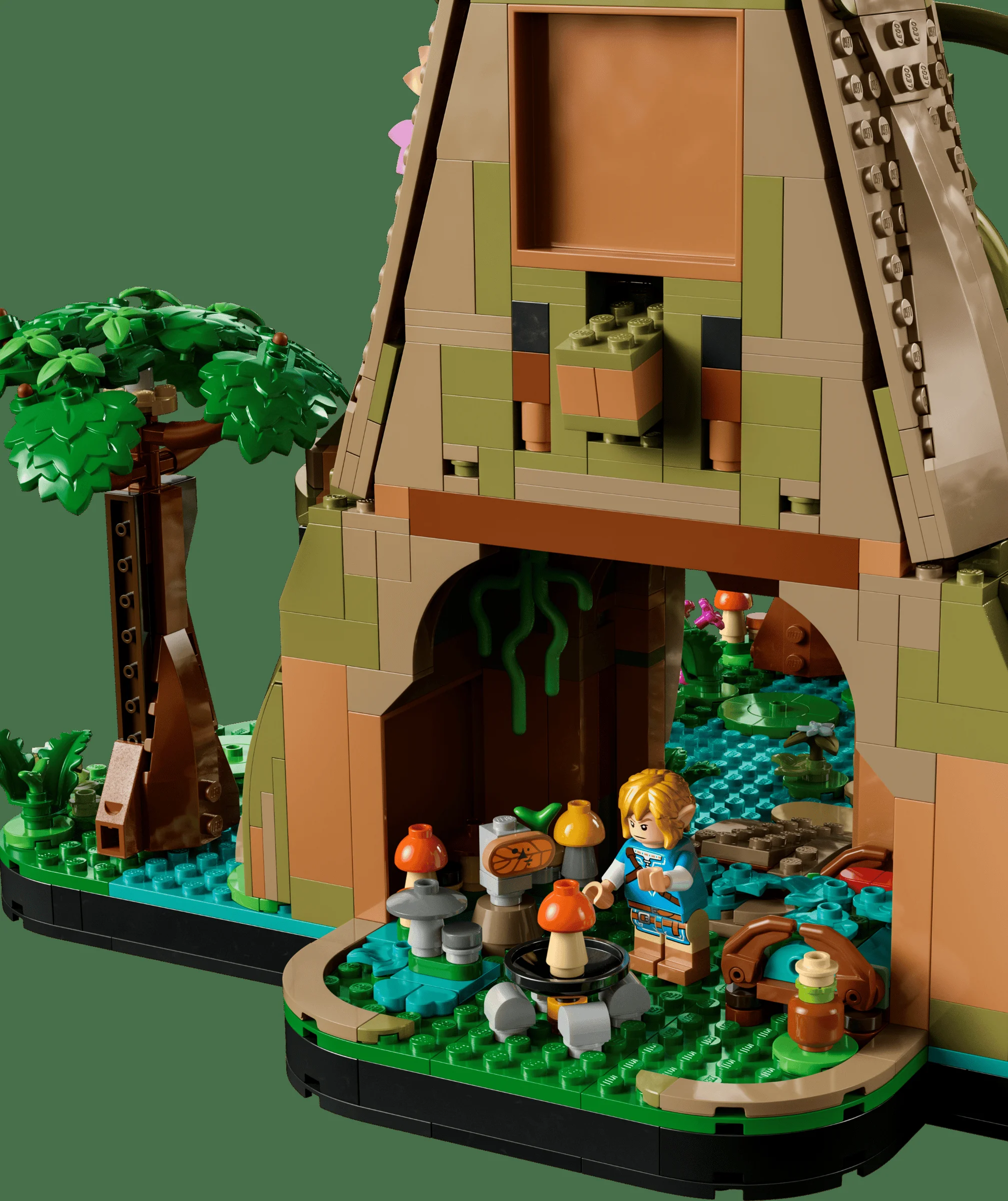 O imagine cu Marelui Arbore Deku LEGO, detaliind interiorul și miniatura Link.