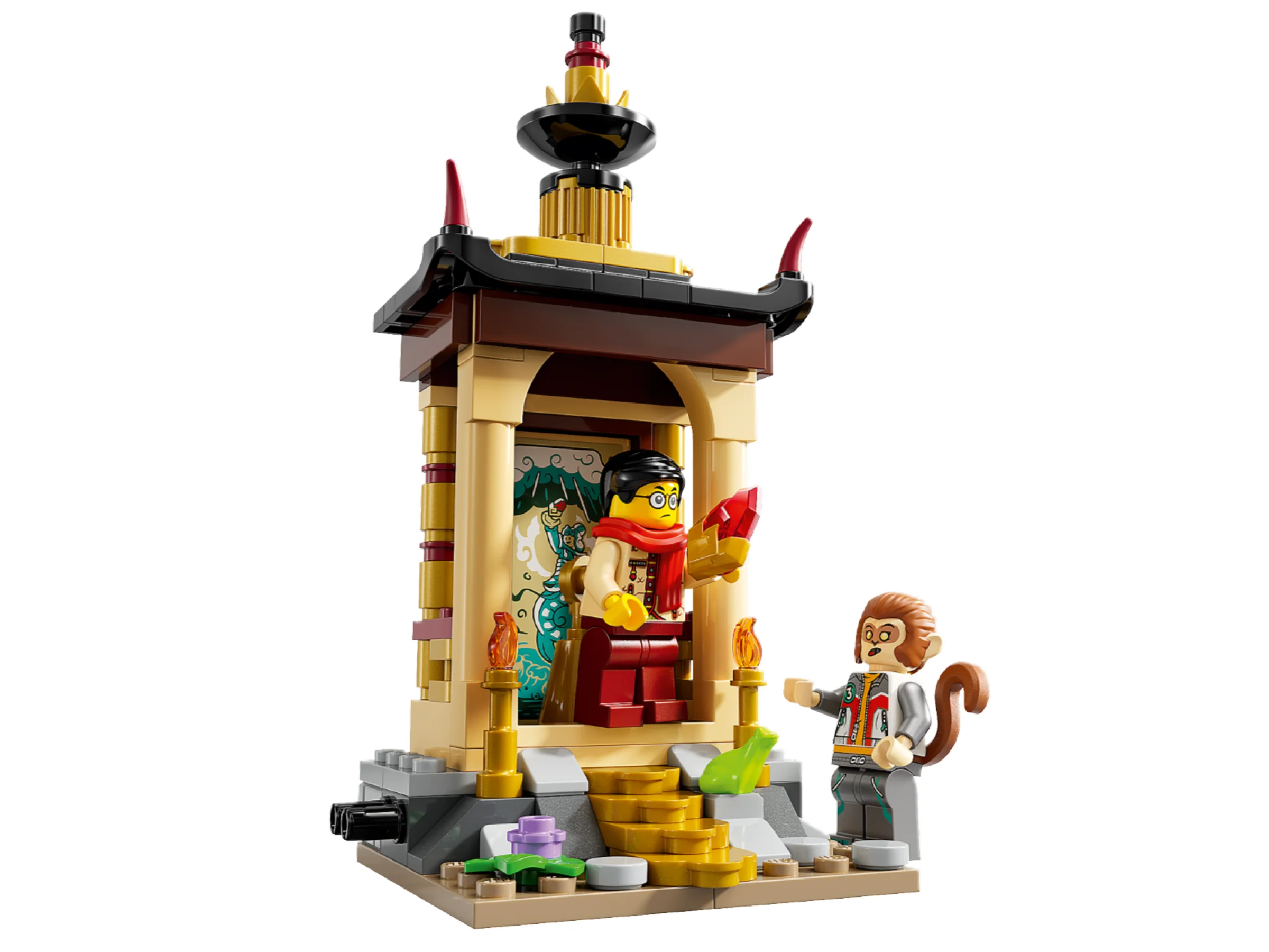 Scenă cu o clădire mică și două minifigurine LEGO Monkie Kid.