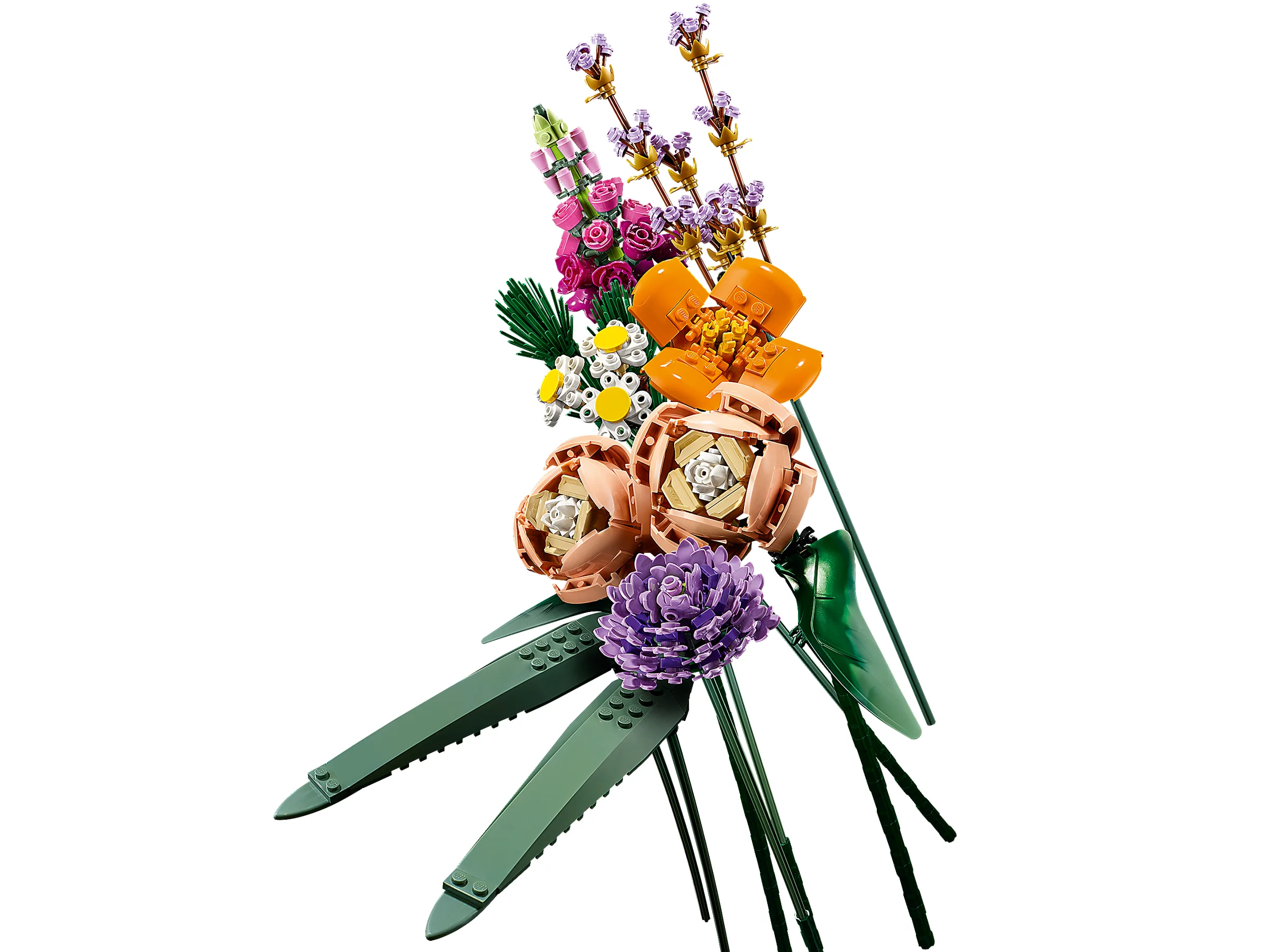 Buchet LEGO cu flori diverse, o construcție detaliată și colorată, ideală ca decor.