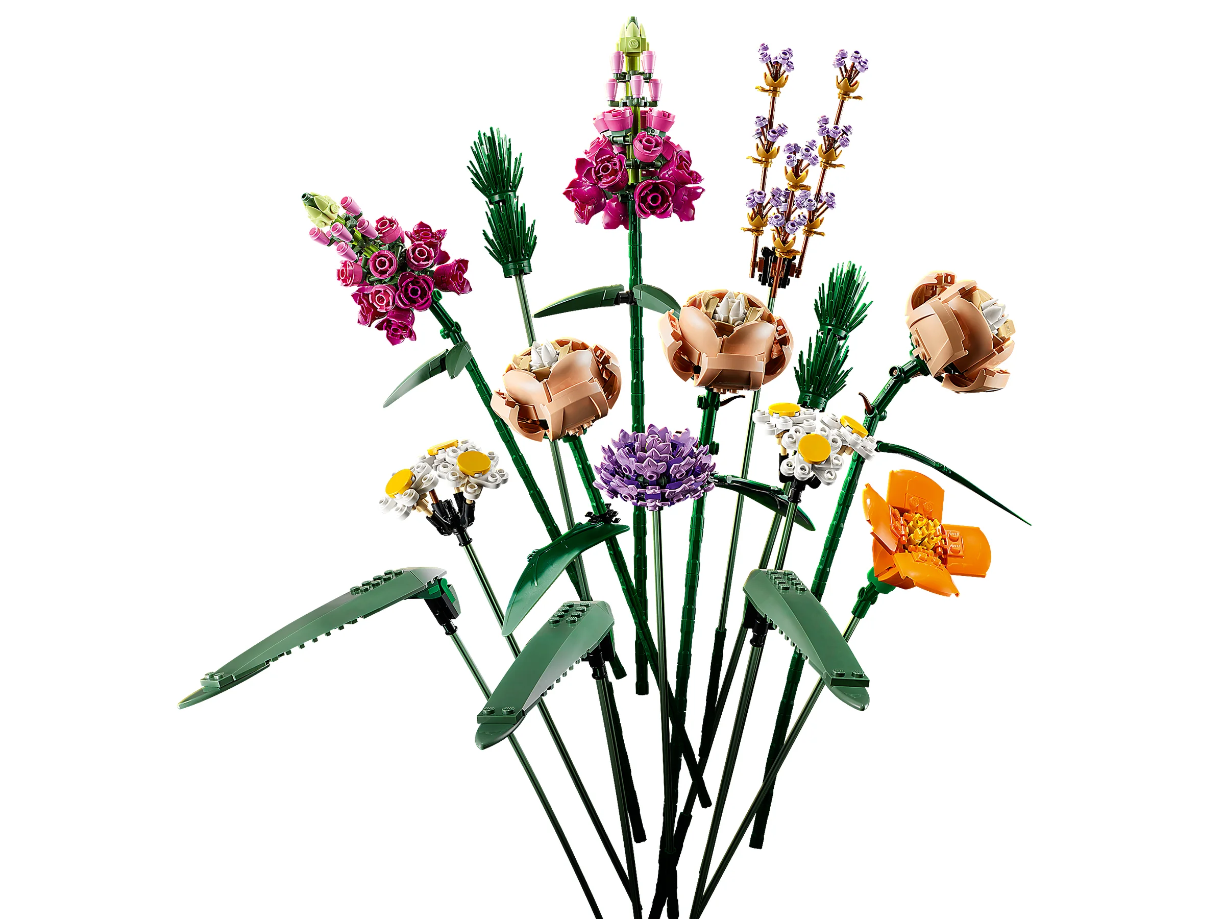 Imagine detaliată cu buchetul LEGO 10280, arătând florile diverse și designul lor unic.