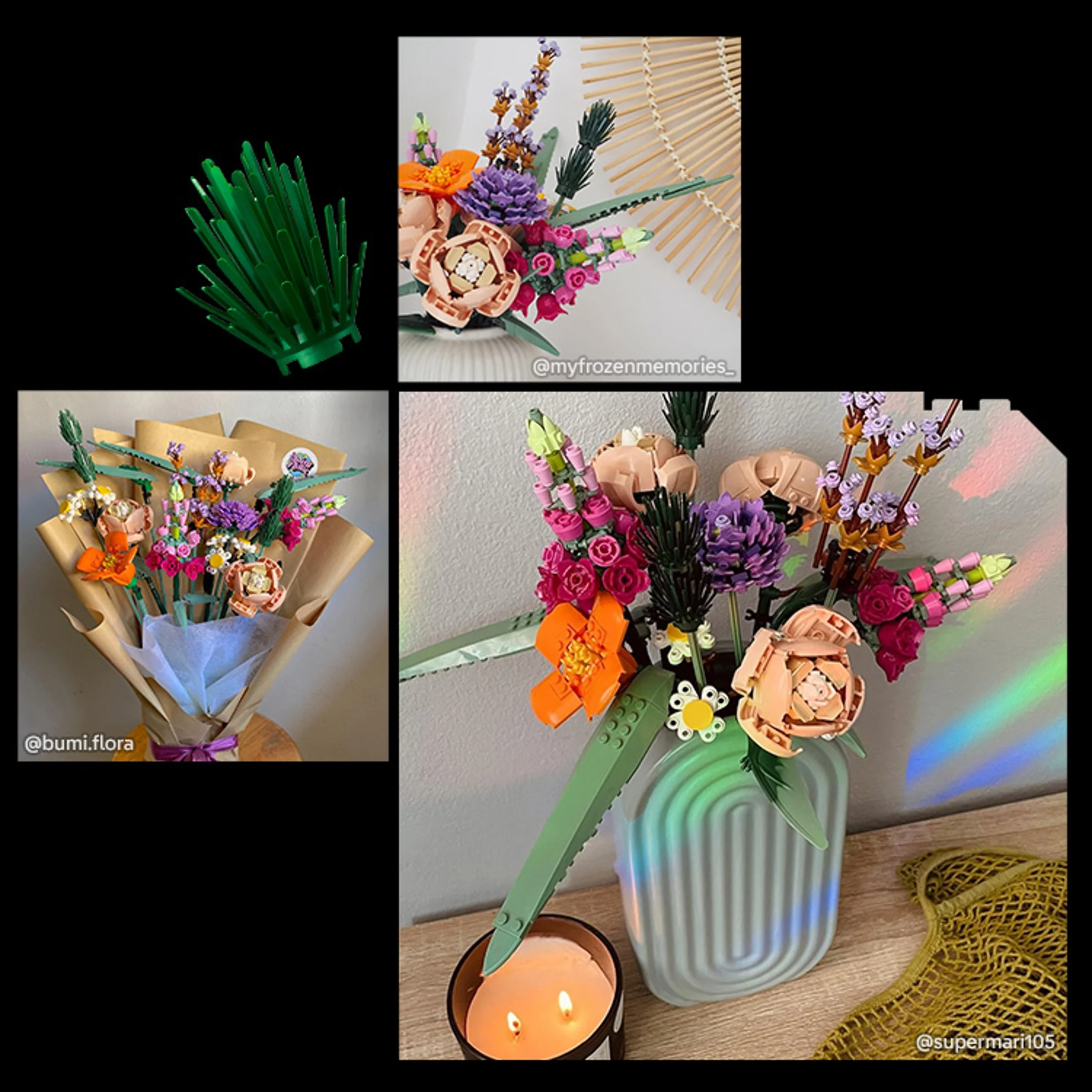 Diverse aranjamente florale LEGO 10280, în vază și împachetate. Detalii ale florilor.