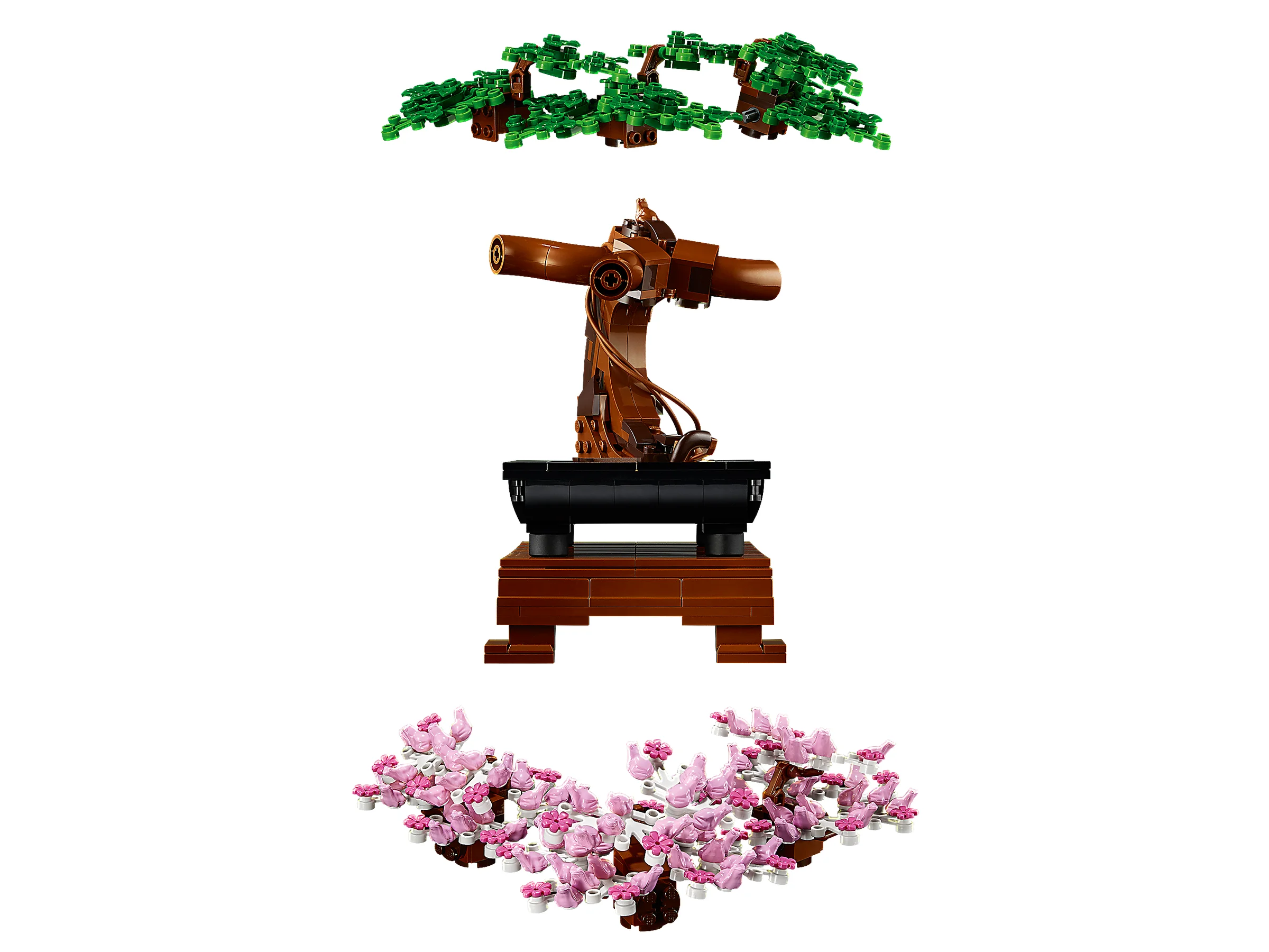 Bonsai LEGO 10281 cu frunze verzi și flori roz, o reprezentare artistică și relaxantă.