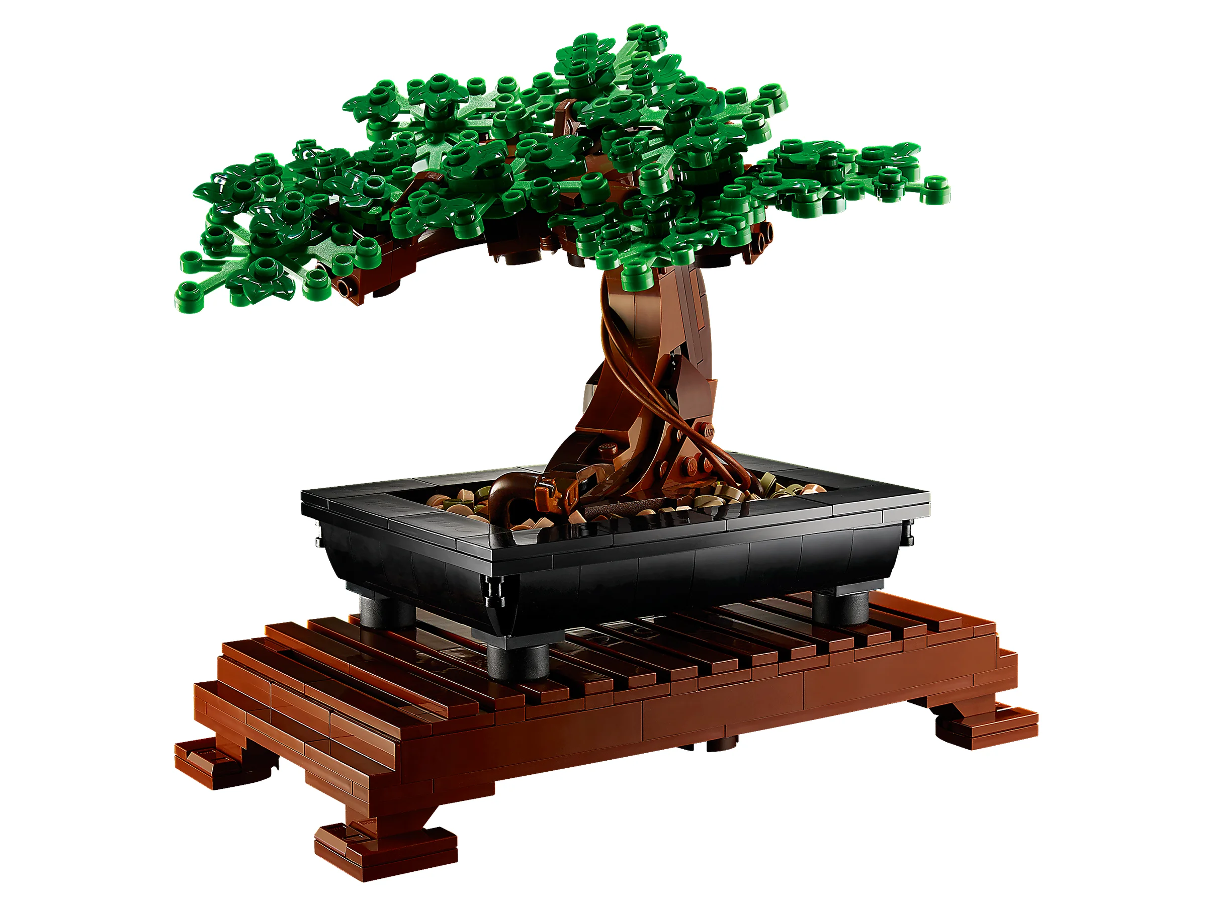 Bonsai LEGO 10281, cu frunze verzi și suport maro. Model detaliat și elegant.