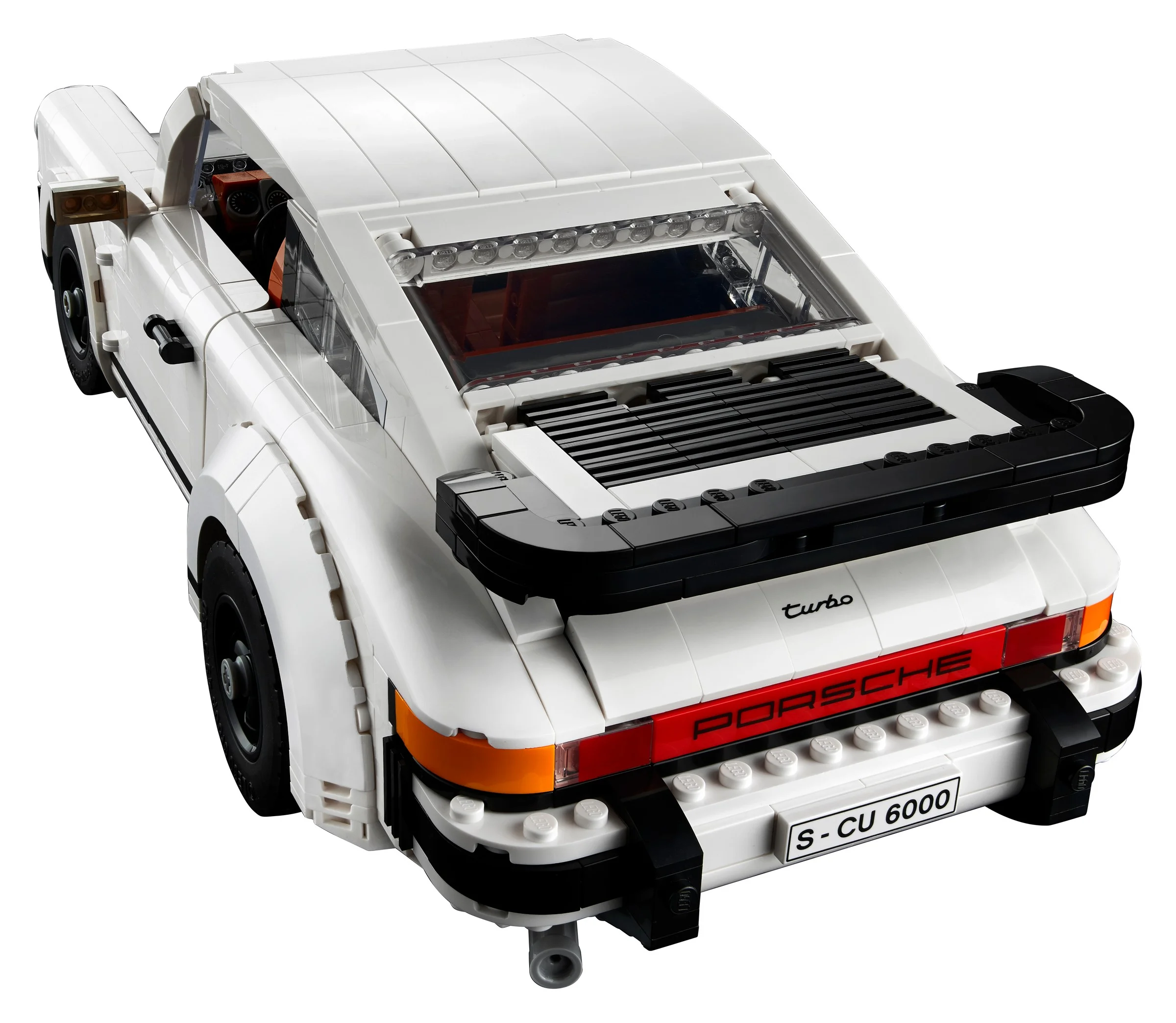 Vedere detaliată din spate a modelului LEGO Porsche 911 (10295), alb imaculat și elegant.