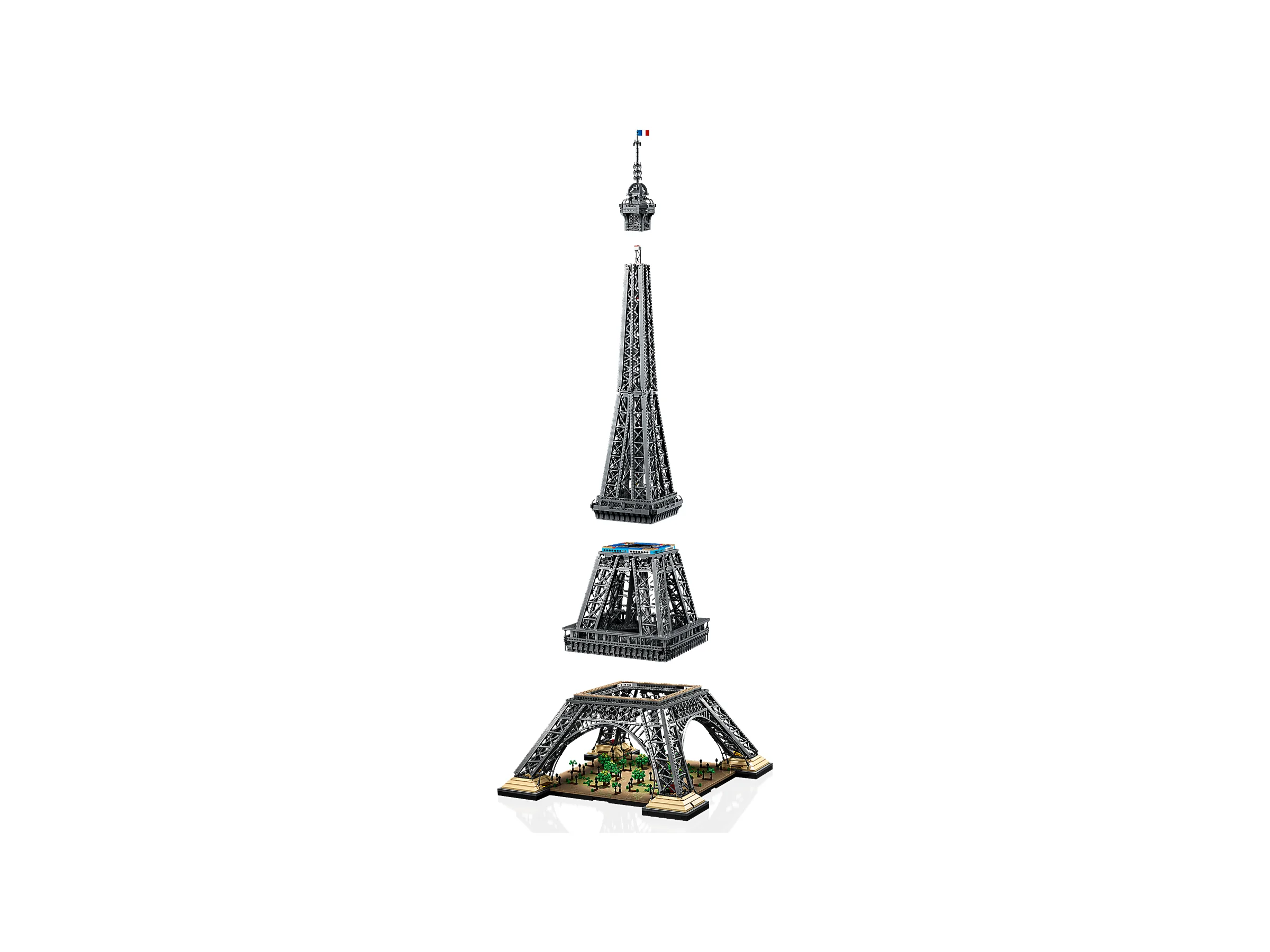 Turnul Eiffel LEGO 10307, împărțit în secțiuni. O imagine clară și detaliată a modelului.