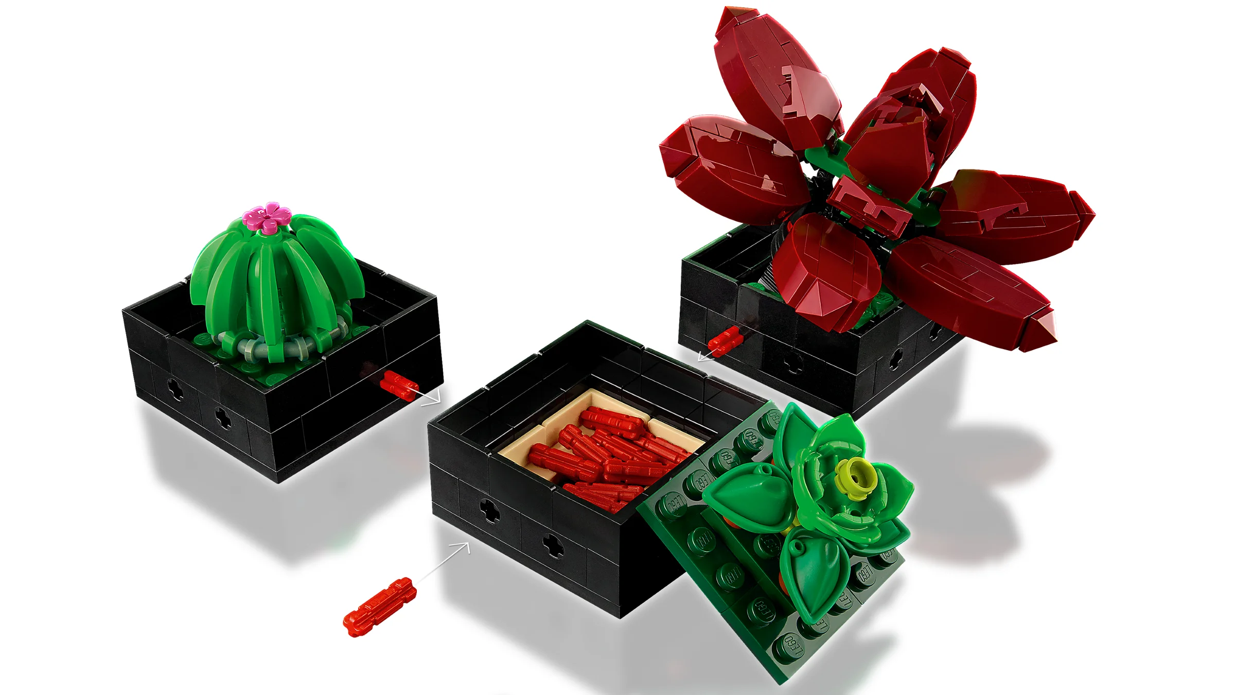 Imagine cu setul LEGO 10309, suculente în ghivece, cu detalii despre structură. Arată că ghivecele se deschid și se asamblează.